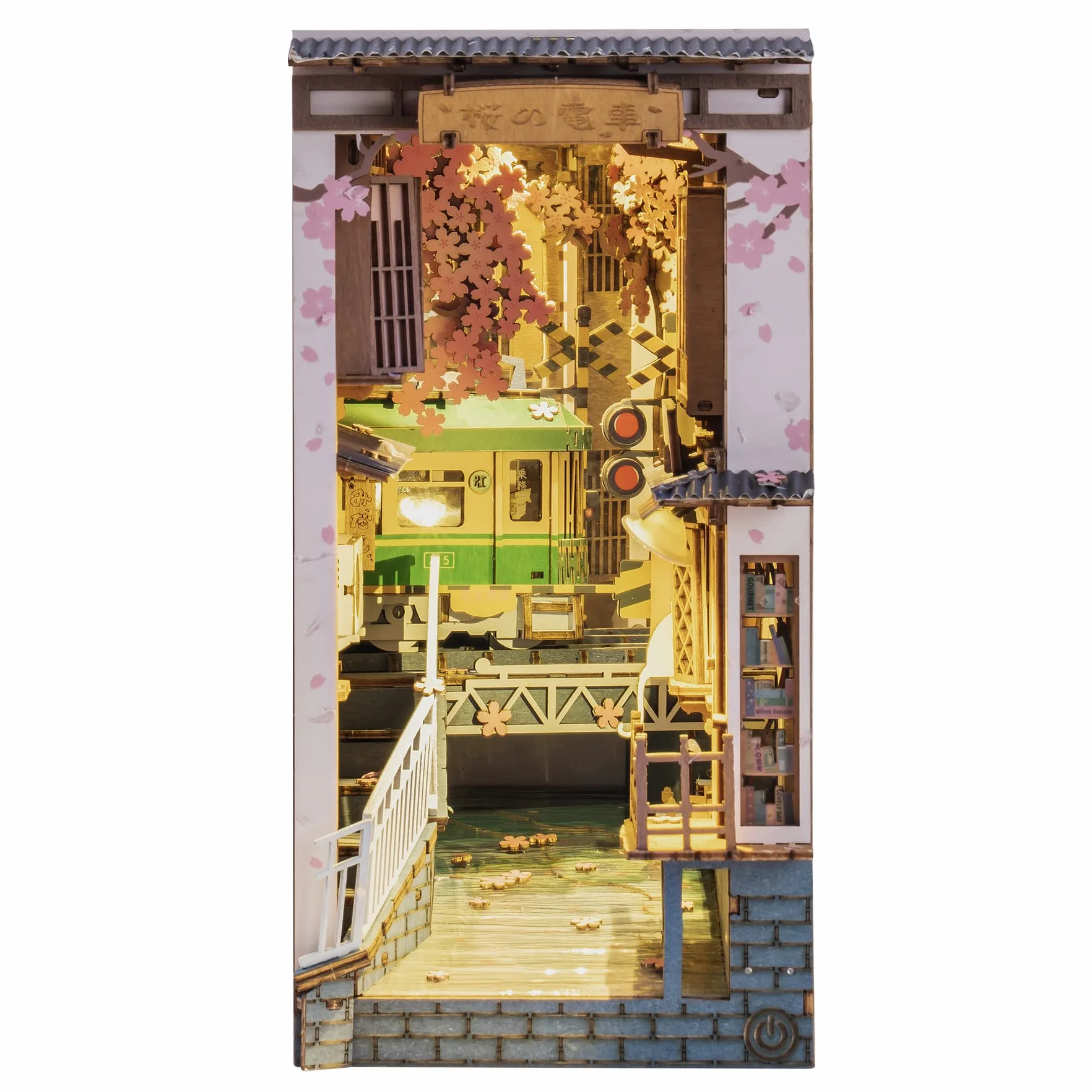 ROBOTIME Sakura Densya Book Nook Kit, Casa Libros de Madera, Bookend con Luces LED, Hogar, Decoración de Estantería, Regalo del Día de la Madre