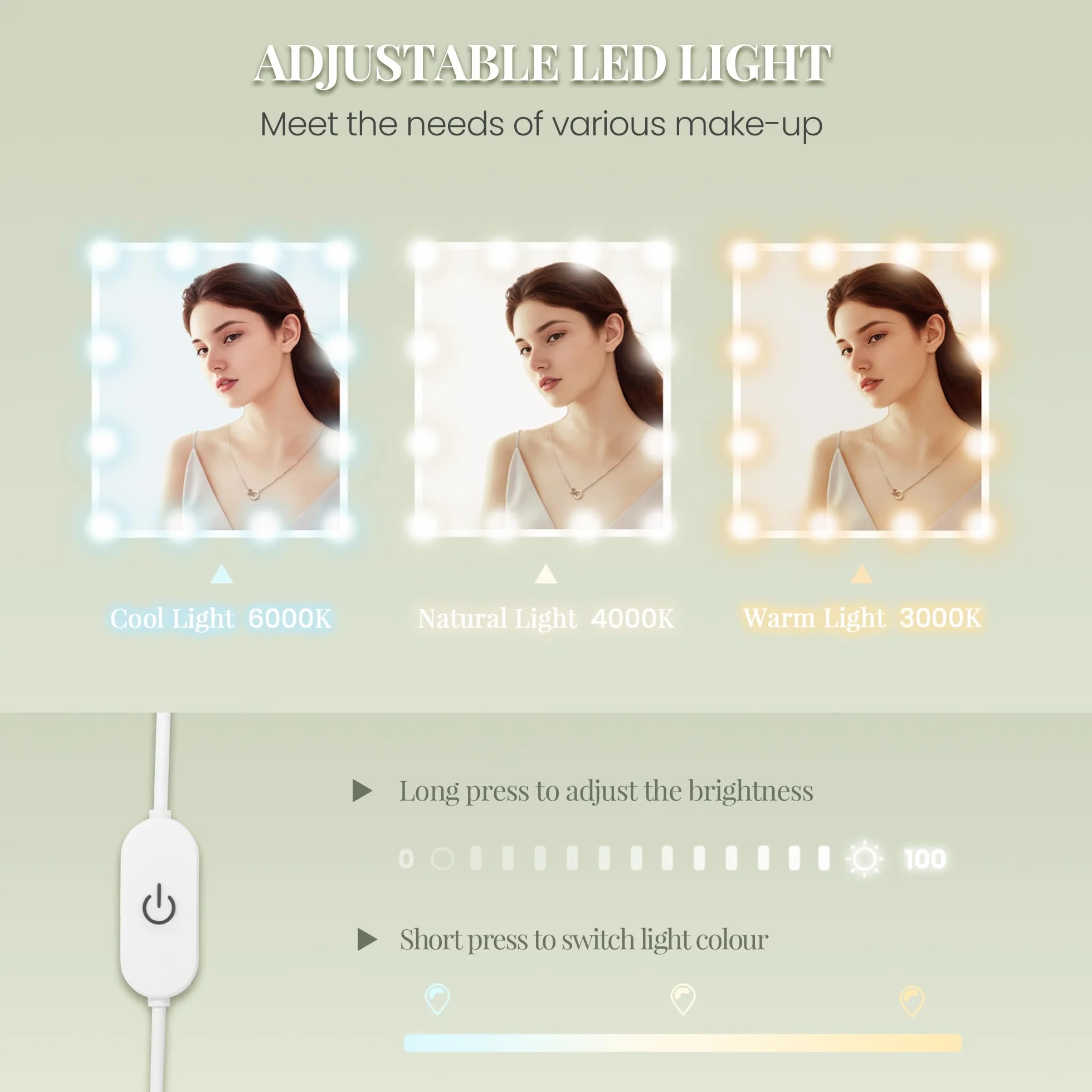 HEXCELEN Tocador de Maquillaje con Espejo LED, Brillo Ajustable, Mesa de Maquillaje con Toma de Corriente, Tocador con Taburete, 5 Cajones, Estantes de Almacenamiento, 40 × 120 × 139 cm, Blanco