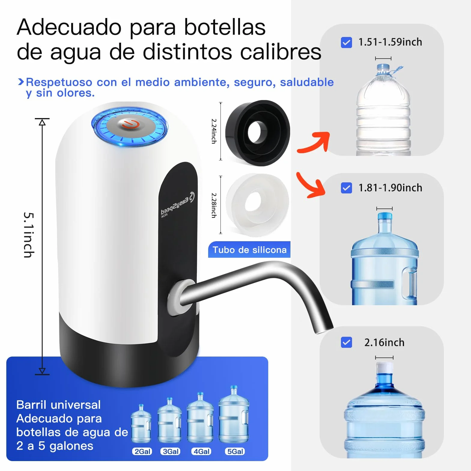 EASYSPEED Dispensador de Agua USB-C Bateria 1200 mAh Bomba Eléctrica Portátil Blanco
