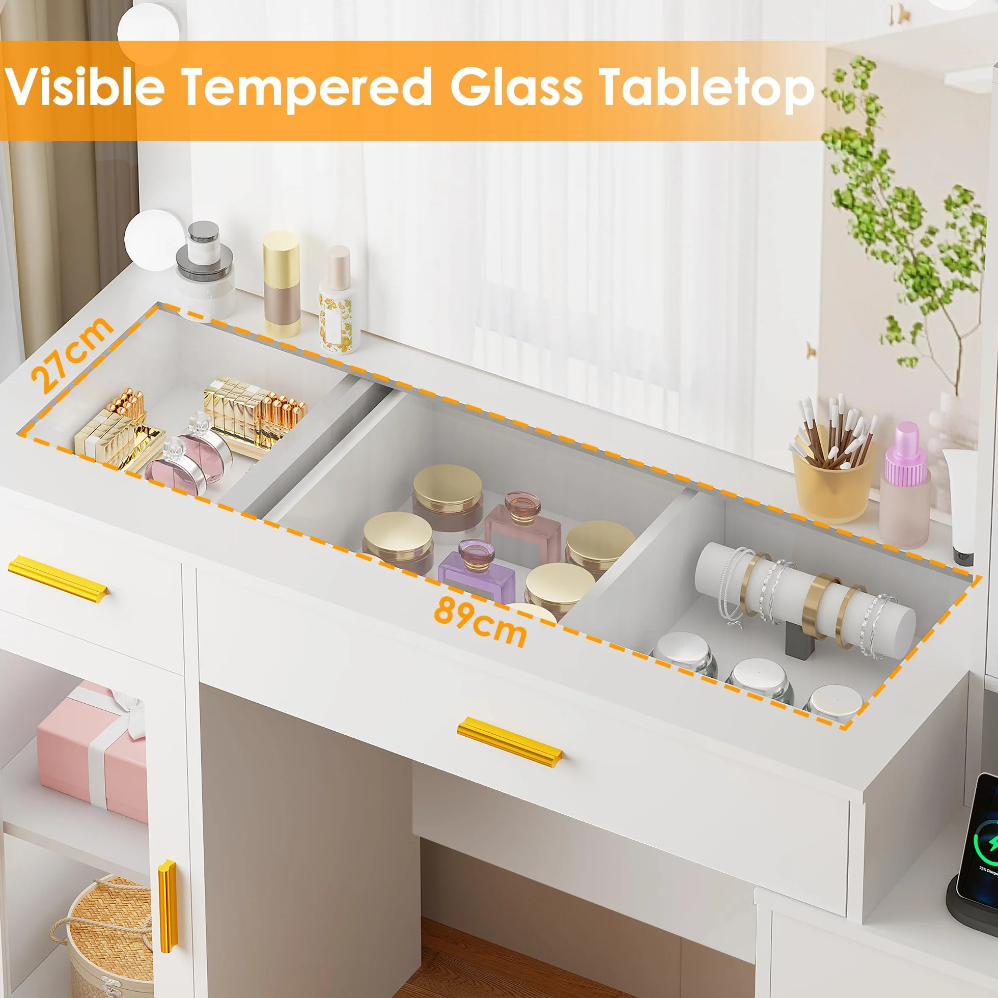 BEWISHOME Tocador con Espejo y Luces LED, Brillo Ajustable, 5 Cajones, Blanco EFST34W