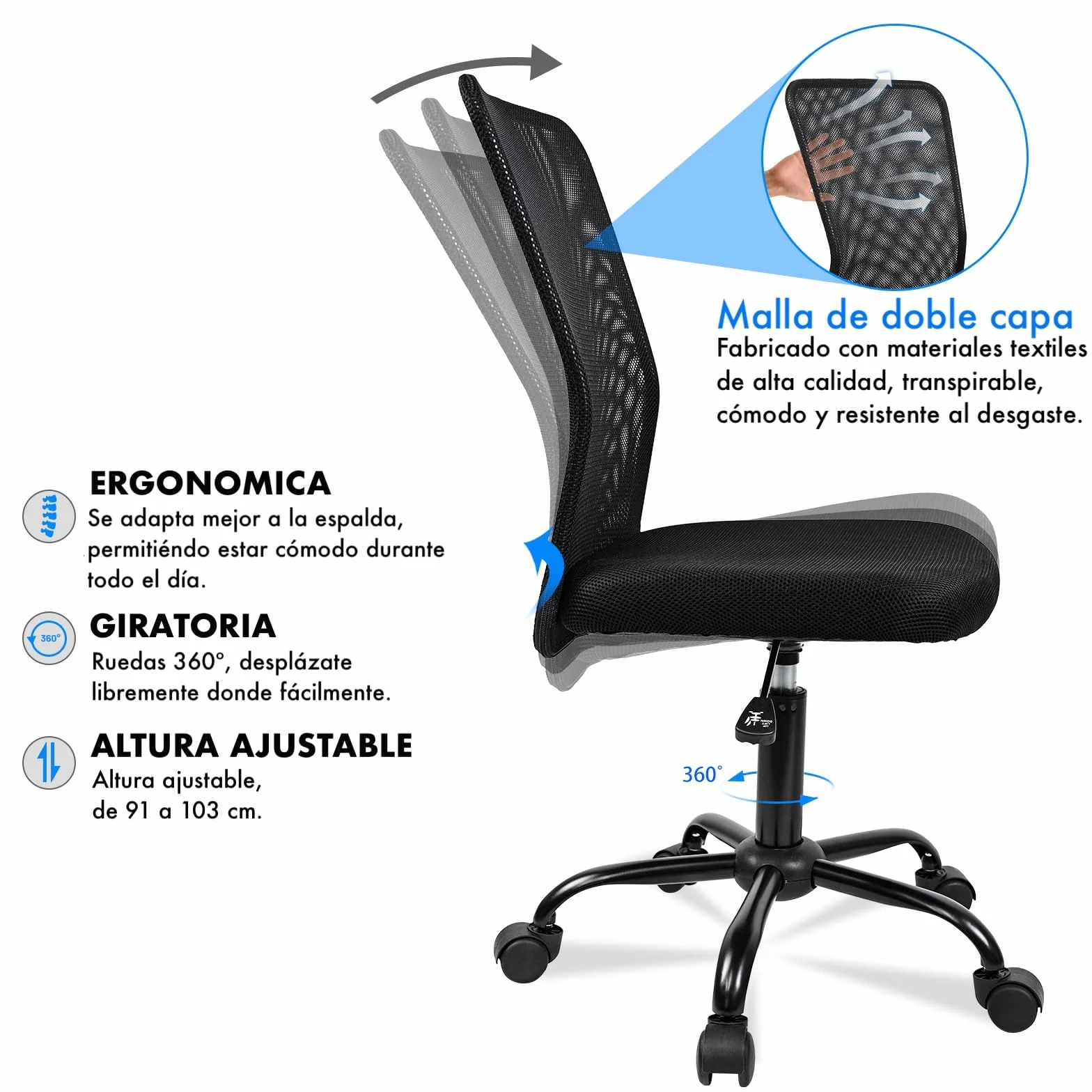 T-LoVendo Silla de Oficina Ergonómica Sin Reposabrazos Tela Transpirable con Ruedas Giratoria Negra