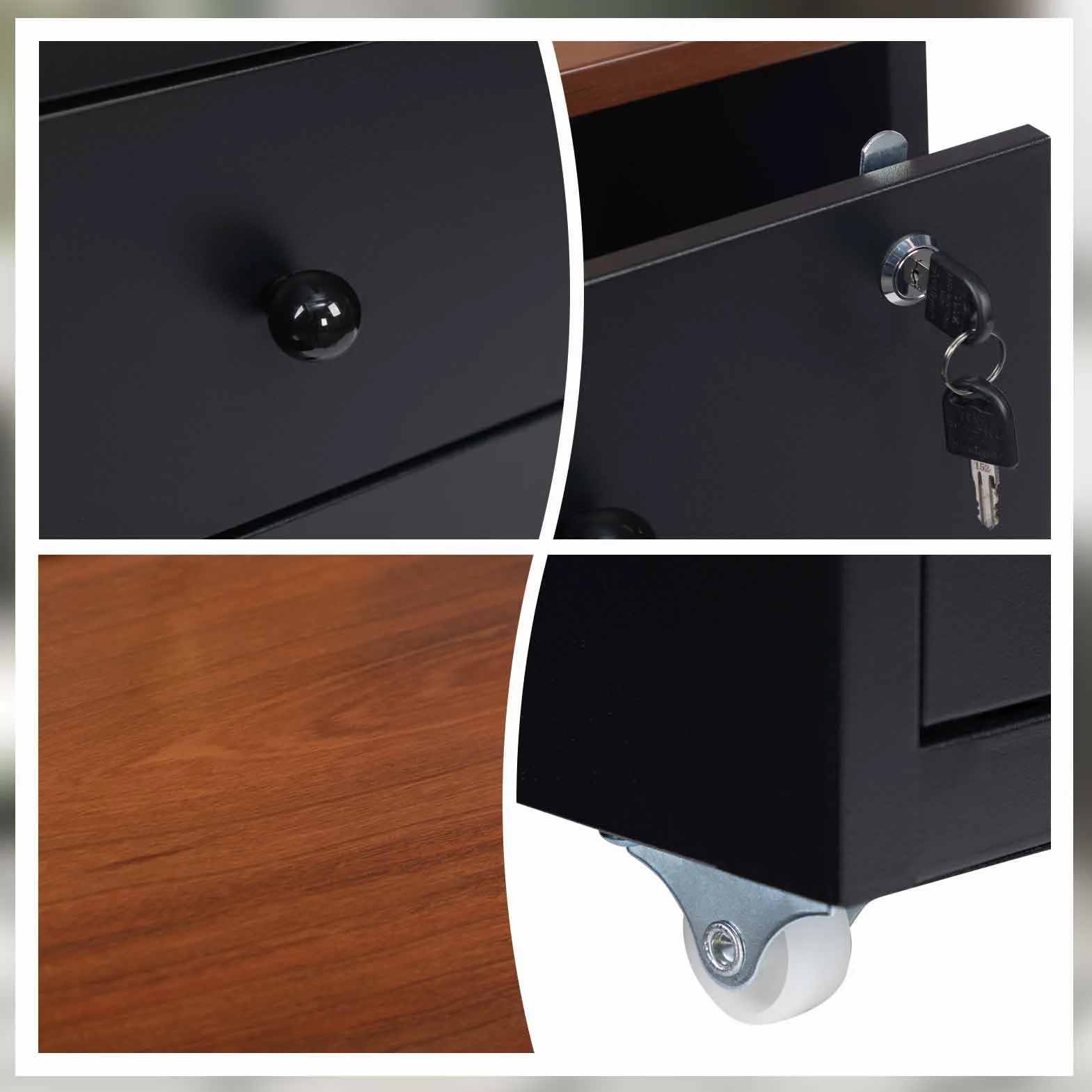 HollyHOME Gabinetes móviles, gabinete con cerradura de 4 cajones, gabinete de almacenamiento de metal con ruedas para oficina en casa en formato carta A4, negro