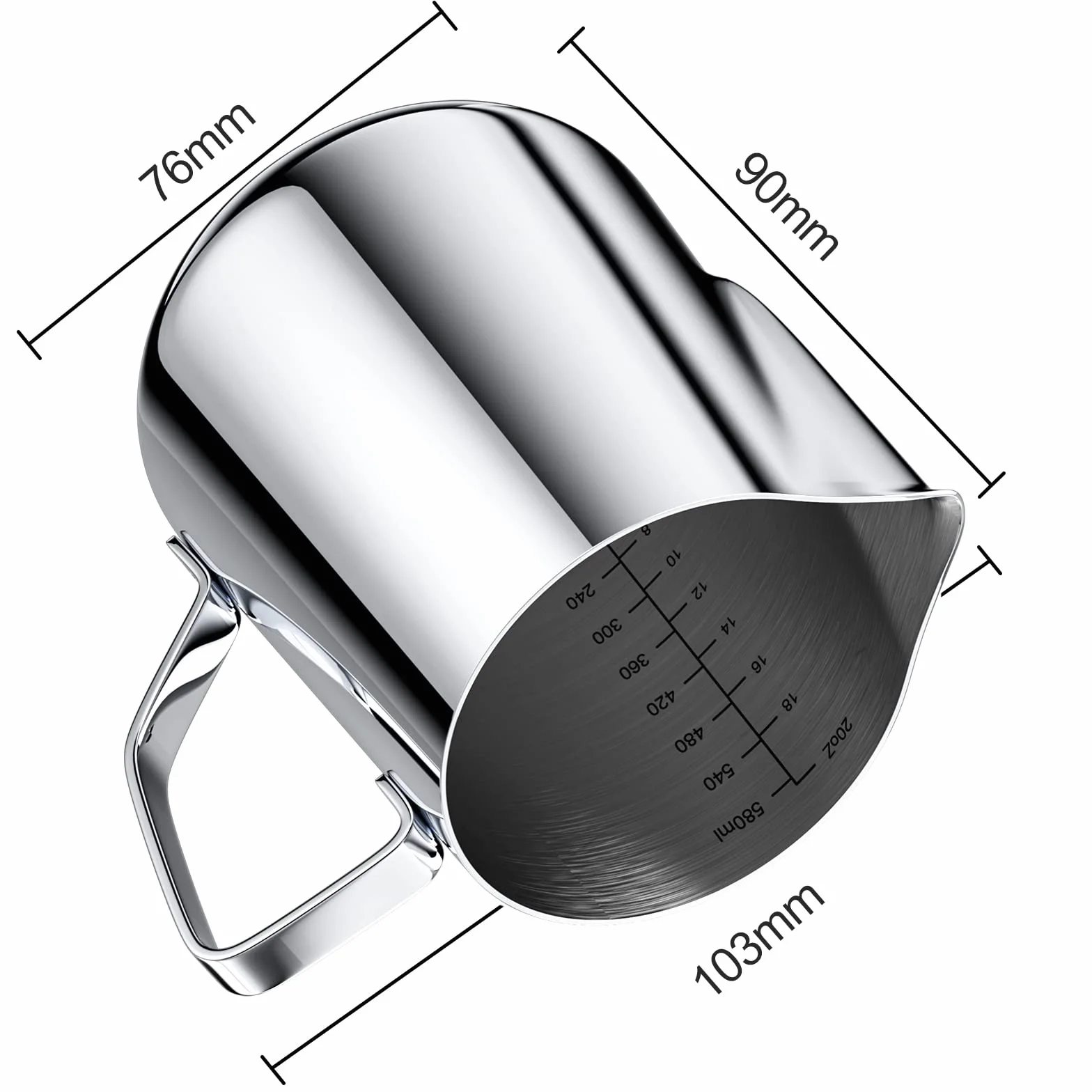 Newaner 600ml Jarra Leche Barista 304 Acero Inoxidable, Jarra de Leche con Marca de Medición 12oz, Jarra Cafe para Capuchino, Espresso, Latte Art, Perfecta para Los Amantes del Café, Plata