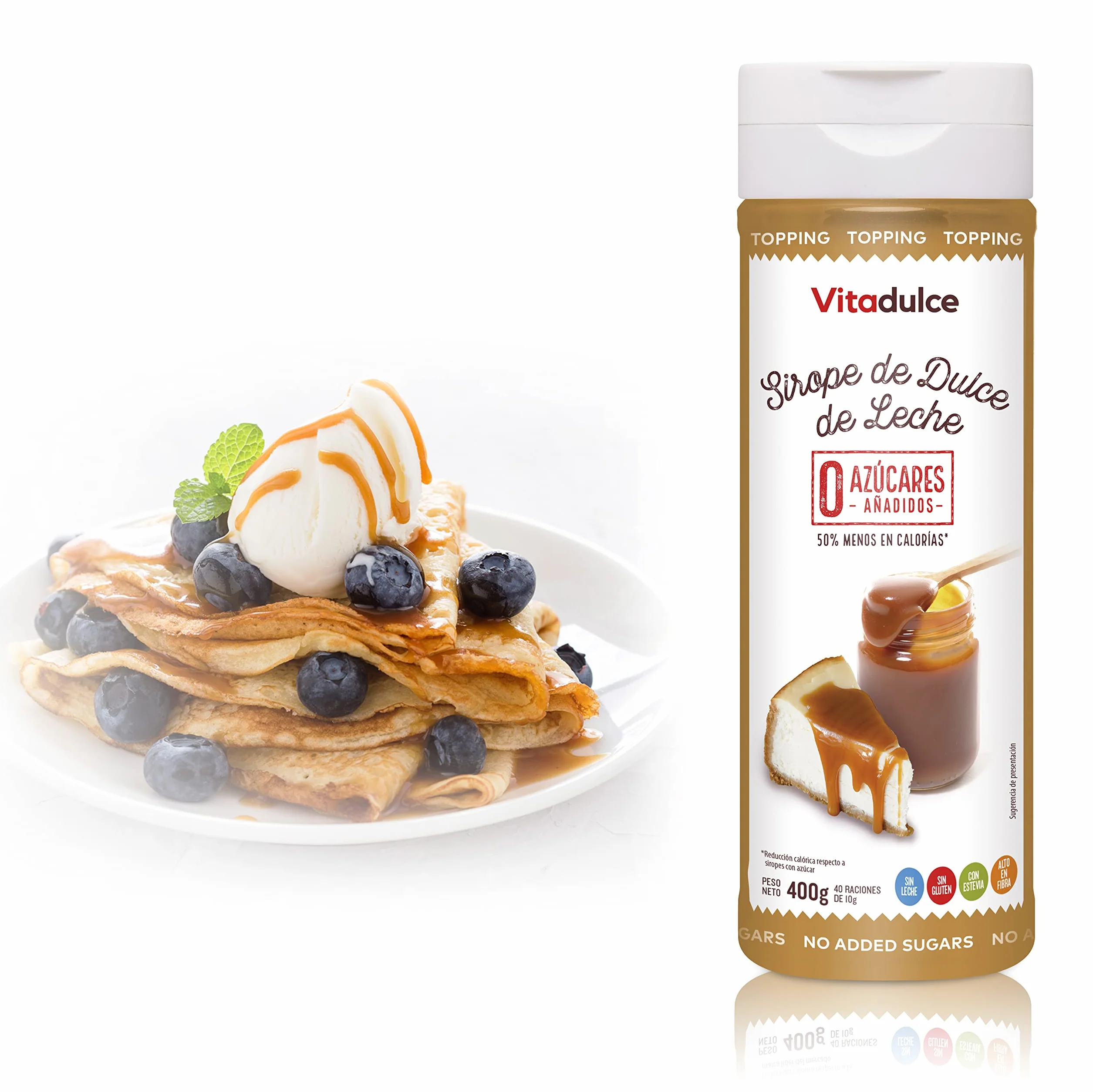 Sirope de dulce de leche sin azúcares añadidos, Topping bajo en calorías 400 gr Vitadulce