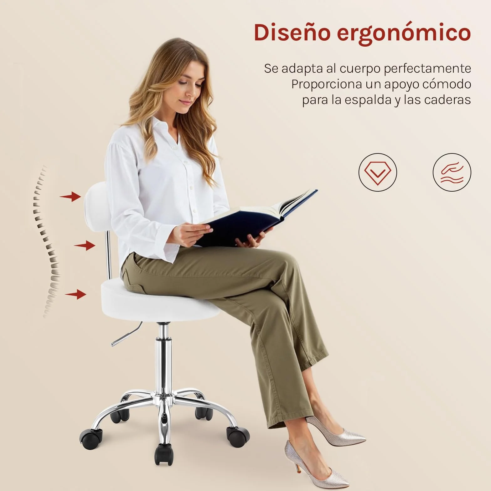 WOLTU Taburete Giratorio de Oficina con Respaldo Altura Regulable Blanco 1 Pieza