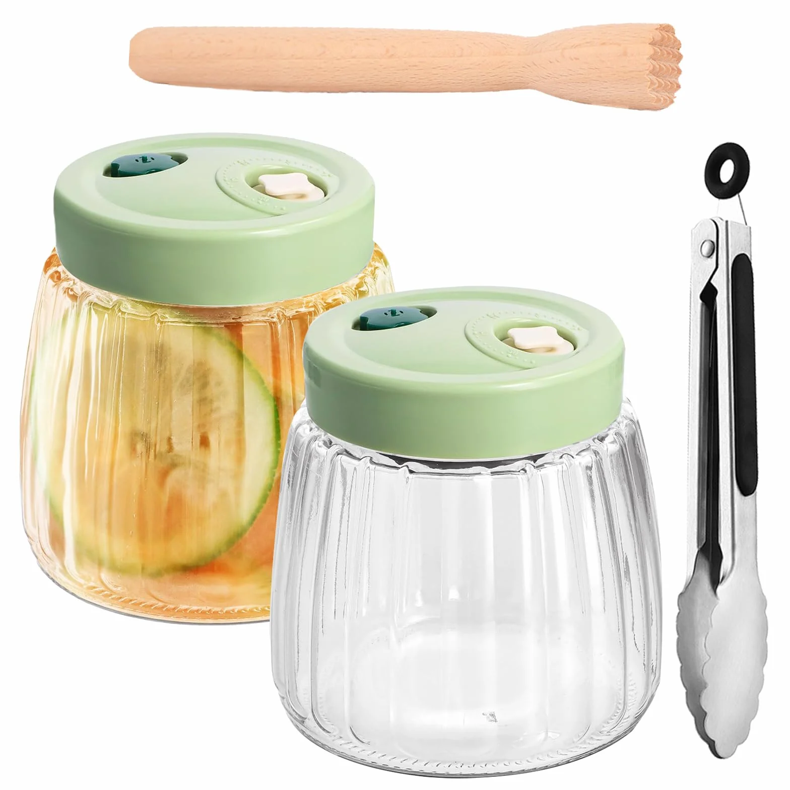 2 Tarros de Fermentación de Vidrio 1L con Doble Válvula, Fermentador Multiusos, con Pinzas y Machacador de Fermentación, Tarros de Conserva , Frascos Herméticos, para Kimchi, Chucrut, Mermeladas