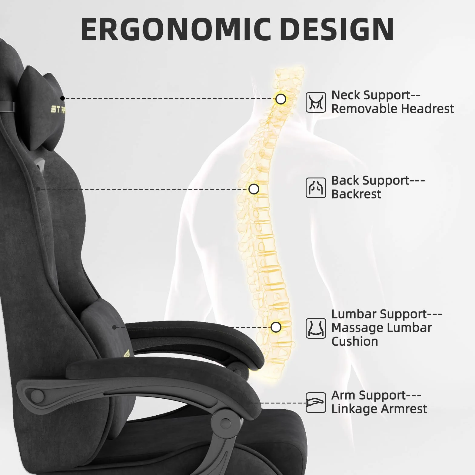 Ferghana Silla Gaming Ergonómica con Masajeador,Silla Gamer de Terciopelo con Soporte Lumbar de Masaje,Reposacabezas,Reposapiés,Silla de Oficina,Silla Ergonómica de PC,Rotación de 360°,Negro