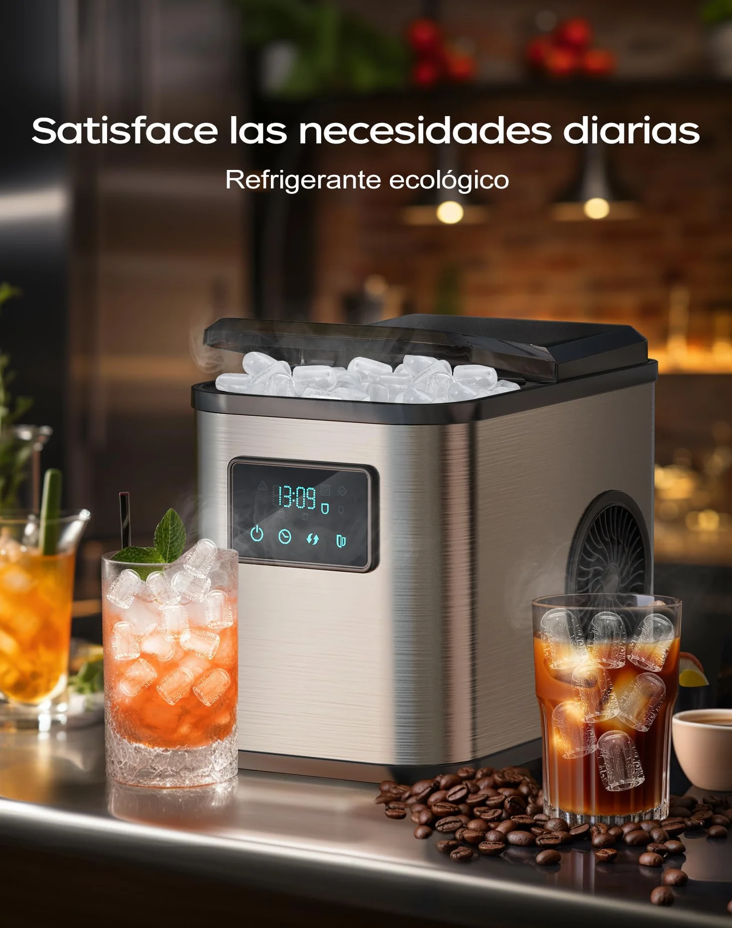 Máquina de Cubitos de Hielo de Acero Inoxidable con Pantalla LED, 2 Litros, 2 Tamaños