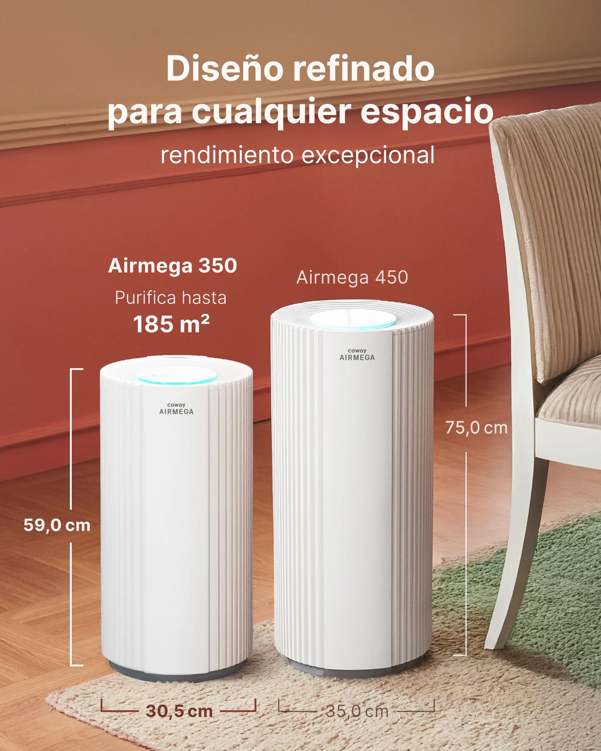 COWAY Purificador de aire para espacios grandes, CADR 713 m³/h, limpia 148 m² en 30 min, filtro HEPA para humo, alergias, pelo de mascotas, olores, sensor PM10, modo ahorro energético, AIRMEGA 350