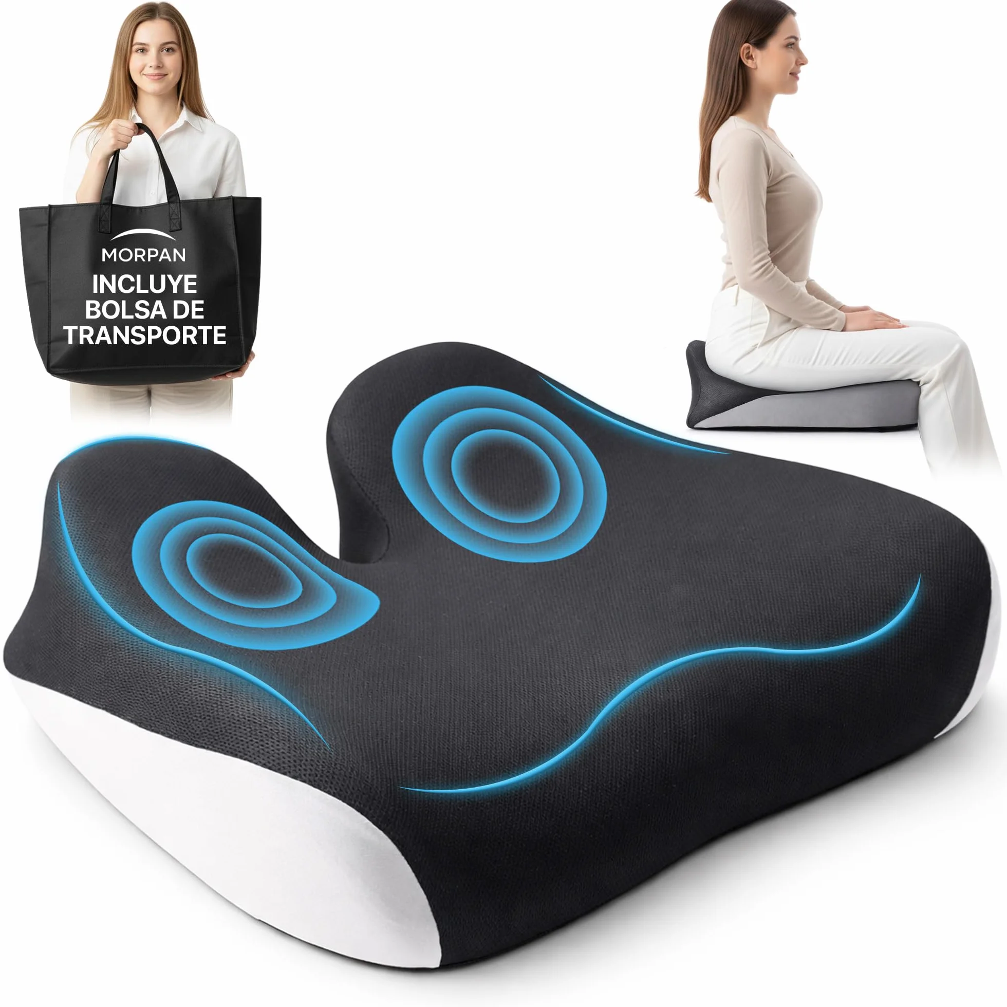 Cojin Silla Oficina Viscoelastico Ergonómico Funda Lavable Transpirable Base Antideslizante