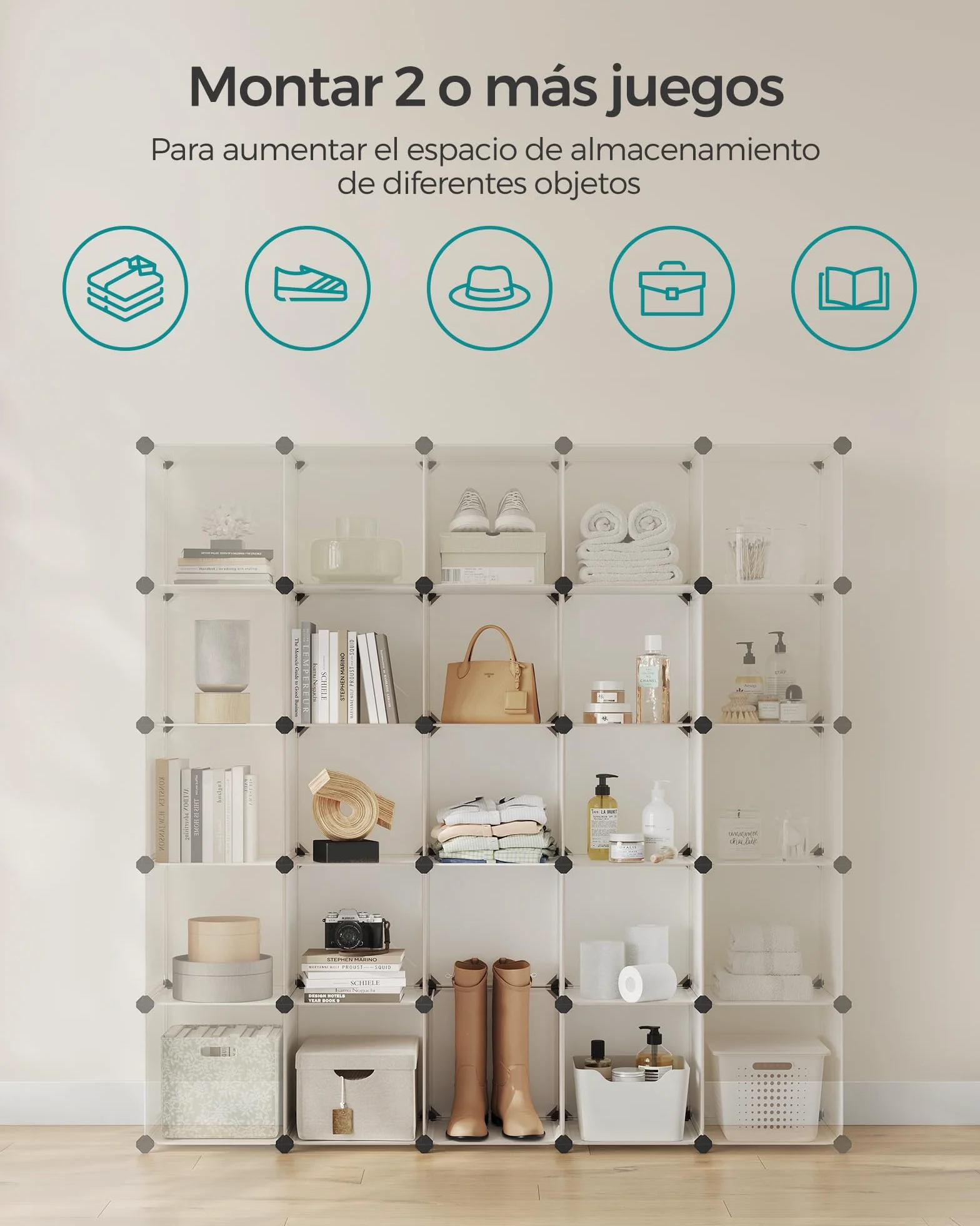SONGMICS Armario Modular, con 16 Cubos Apilables, Zapatero Modular, Estante de Plástico PP, para Dormitorio, Oficina, 31 x 123 x 123 cm, Blanco Crema LPC442M01
