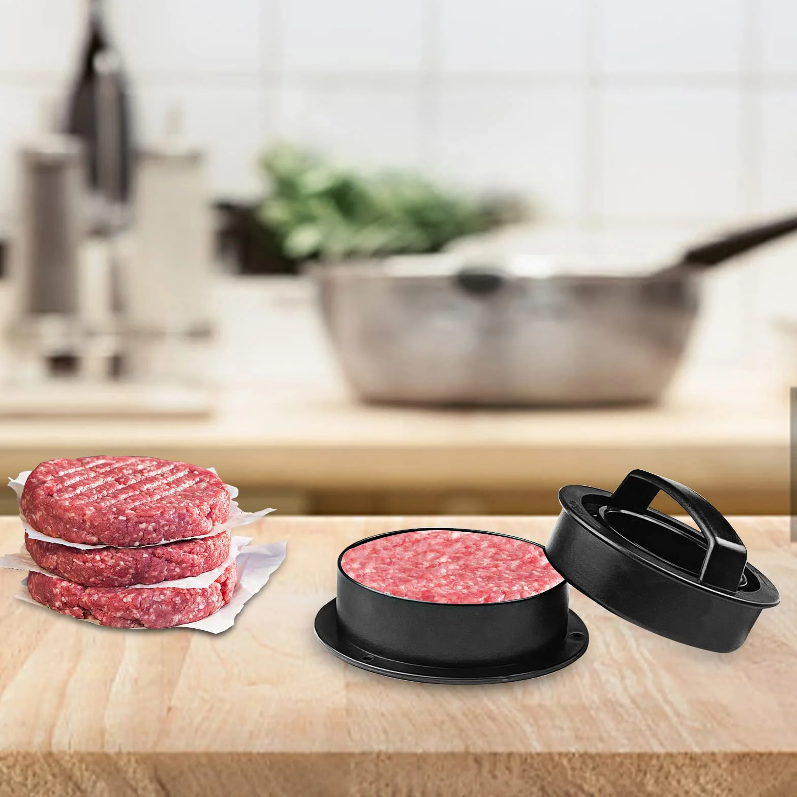 Newpop Prensa de Hamburguesa 3 en 1 Antiadherente, Molde con Mango ABS para Prensar Carne, Empanadas, Barbacoa