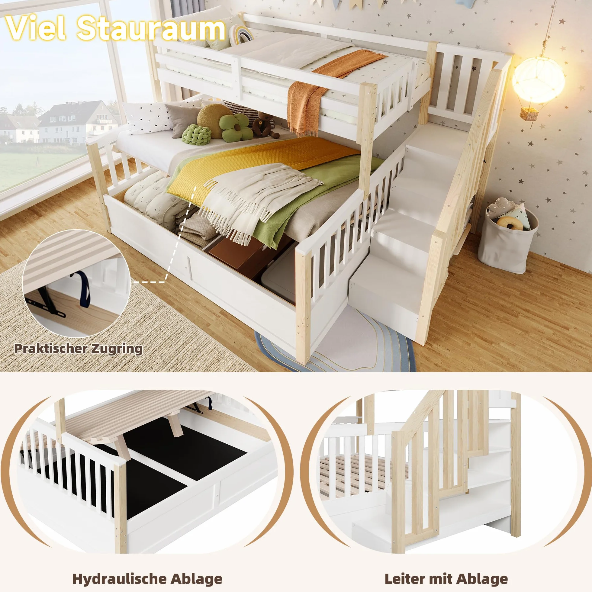Litera 90(140) x200 cm con Almacenamiento Hidráulico y Escalera Almacenaje, Cama Litera Matrimonio para 2 Personas, Cama Infantil con Barandilla Anticaída y Lamas, Sin Colchón, Blanco+Natural