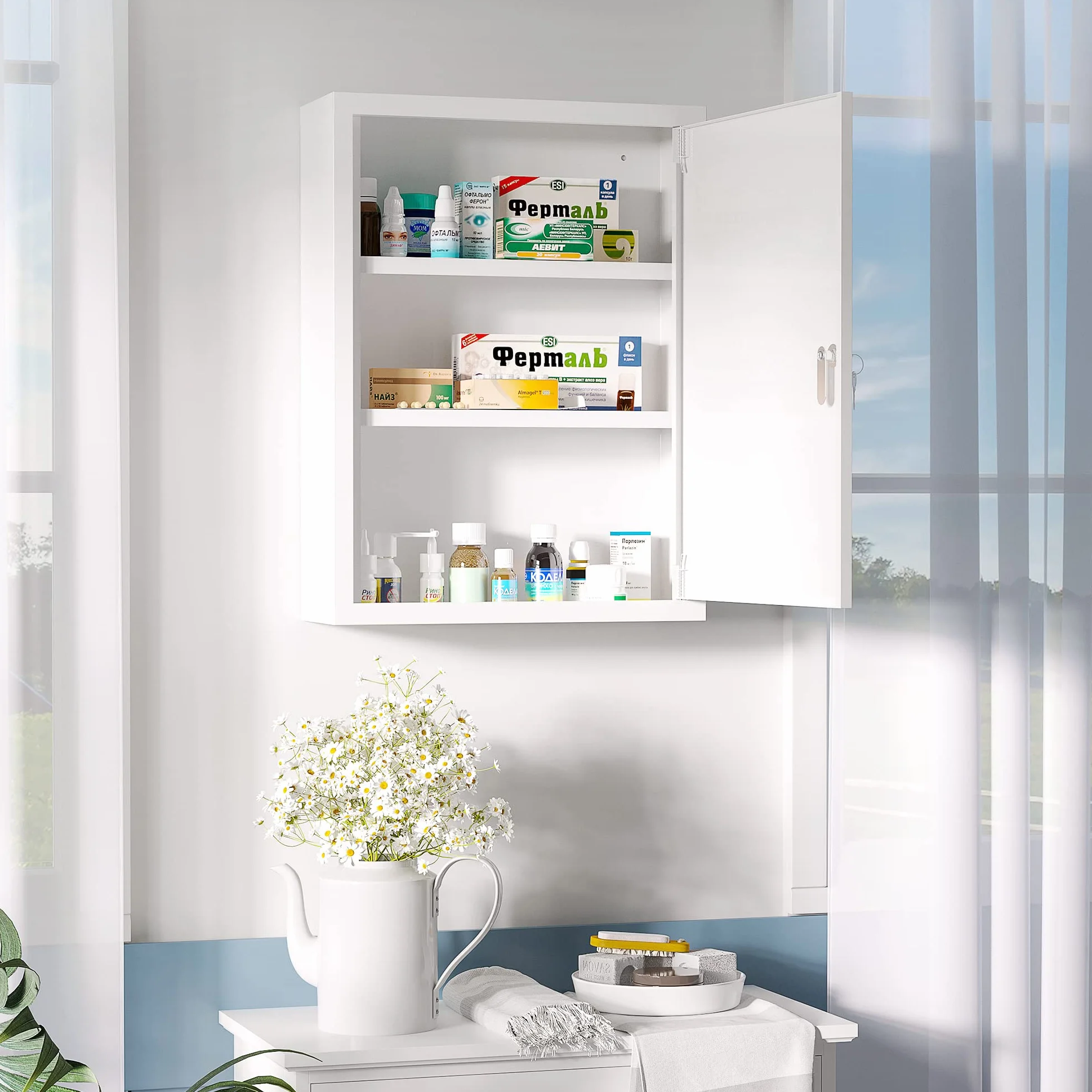 Kleankin Botiquín de Pared de Acero Primeros Auxilios 3 Niveles Armario Baño Cerradura 40x15x53,5 cm Blanco