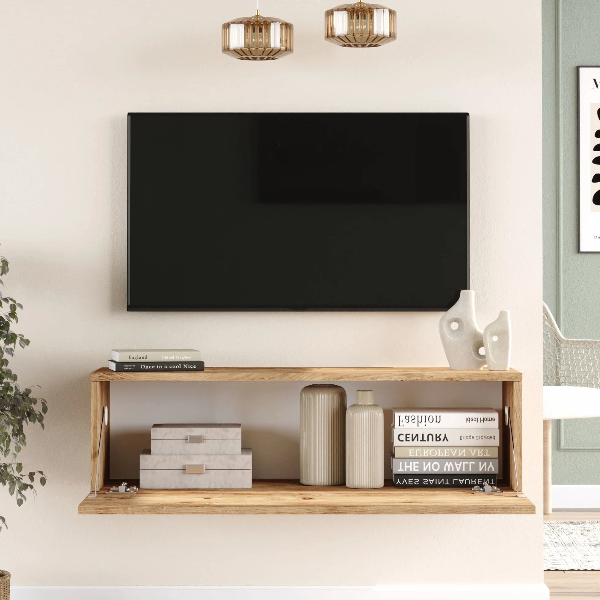 [en.casa] Mueble TV Lapinlahti Suspendido Mesa Tele de Pared con 1 Puerta Aglomerado 100 x 32 x 30 cm - Efecto Roble rústico