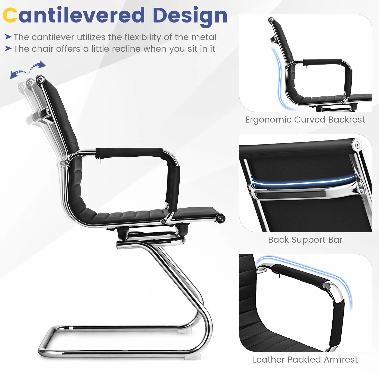 GIANTEX Juego de 2 Sillas de Oficina Ergonómicas, Marco de Metal Resistente y Asiento de Cuero Sintético, Carga hasta 120 kg, Sillas para Reunión, Conferencia, Sala de Espera, Negro