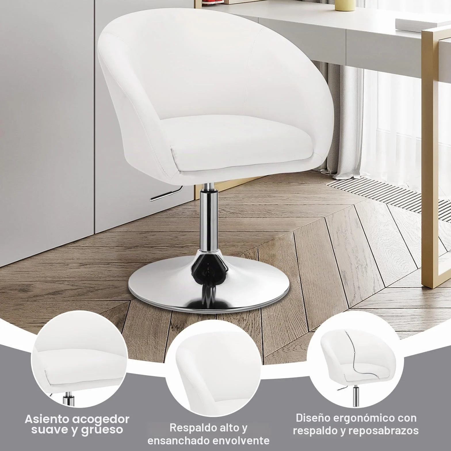 WOLTU 1x Taburete de Bar Altura Ajustable Acero Cromado, Cuero Sintético Taburete Peluquería Blanco BH24ws-1