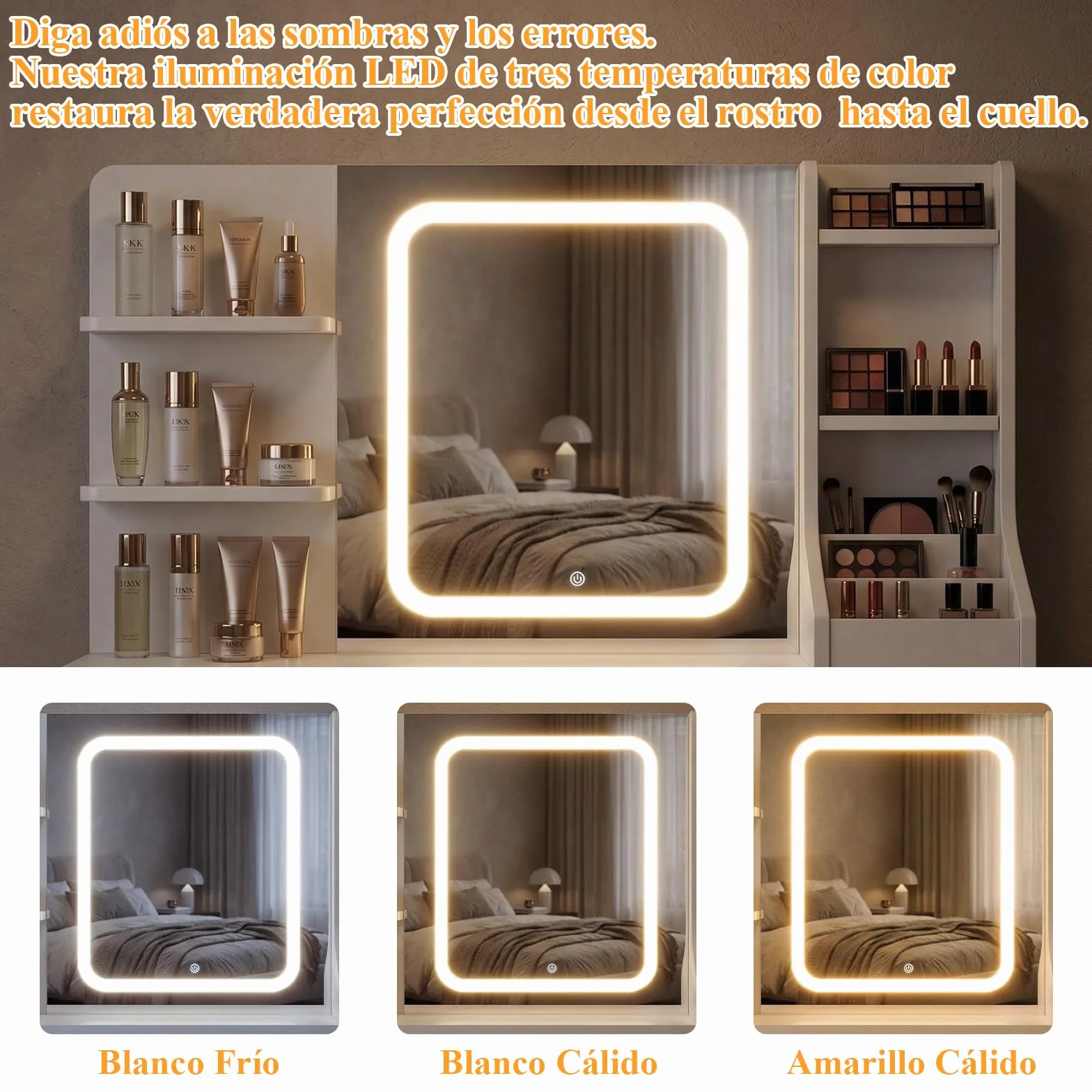 TRIUMPHKEY Tocador de Maquillaje Grande con Luces Led Regulables y Espejo, con 4 Estantes 7 Cajones 3 Compartimentos Abiertos, 110 x 40 cm Blanco