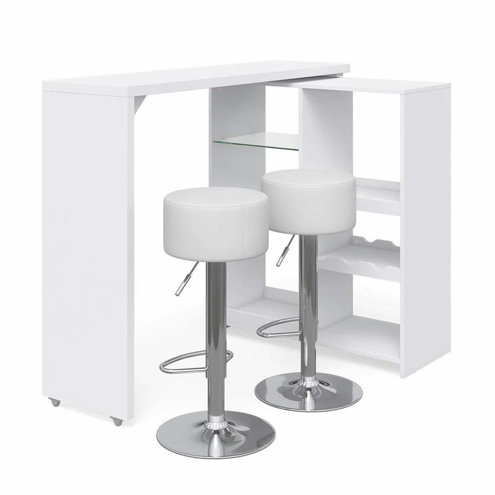 Vicco Set de Mesa de Bar Vega, Blanco, 138 x 39 cm con 2 taburetes de Bar, Plegable con estantes Abiertos para Almacenamiento