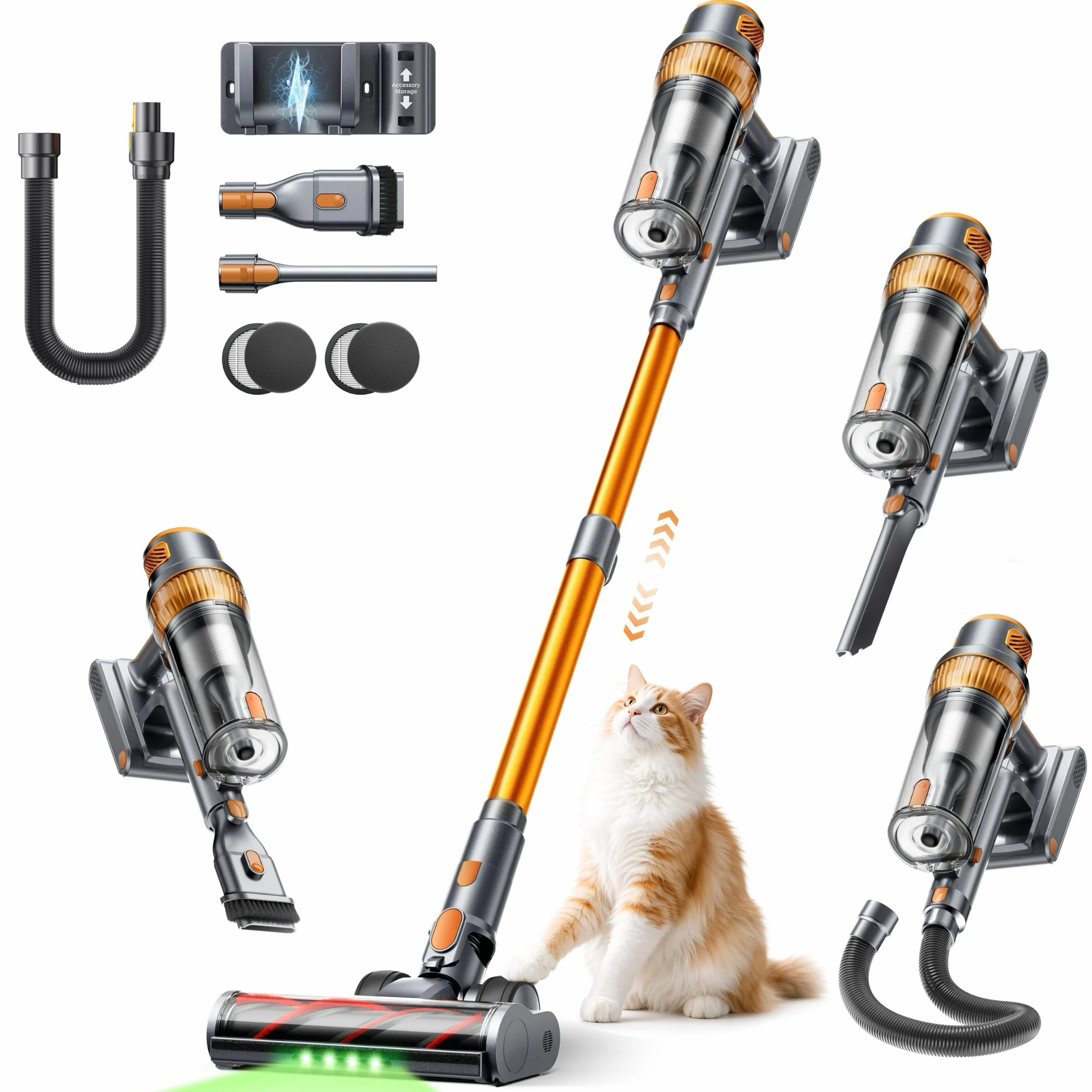 SMOTURE Aspiradora sin Cable 50KPA/600W/65Min, Aspirador Escoba con Manguera de 1M, Cepillo Anti-Enredo con Luz, Modo Automático, Base de Carga de Pared, para Pelo de Mascota/Suelos/Alfombras/Coche