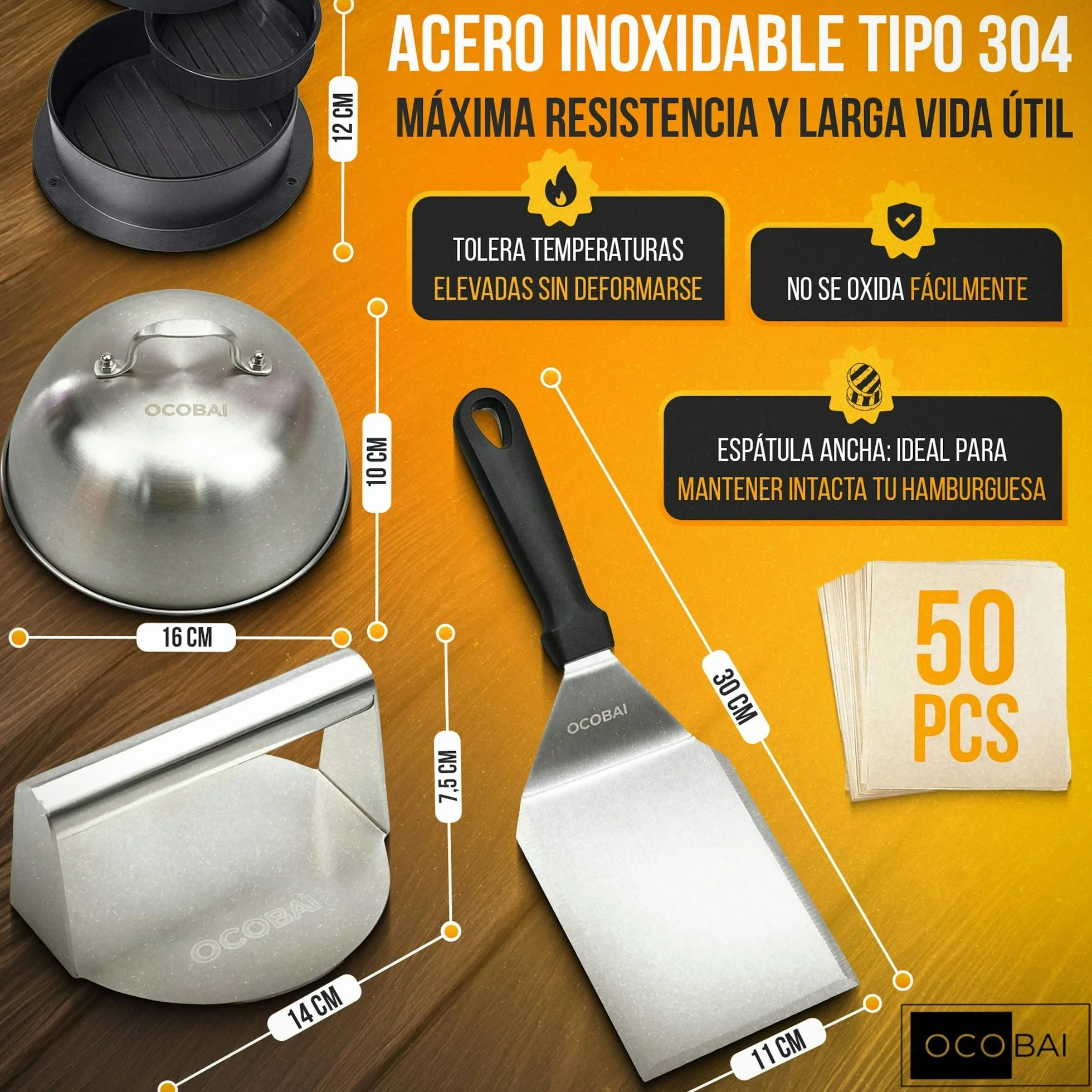 Kit Smash Burger Profesional 7 Piezas Aplastador de Acero 304 Molde Hamburguesas 3 en 1 Espátula Papeles
