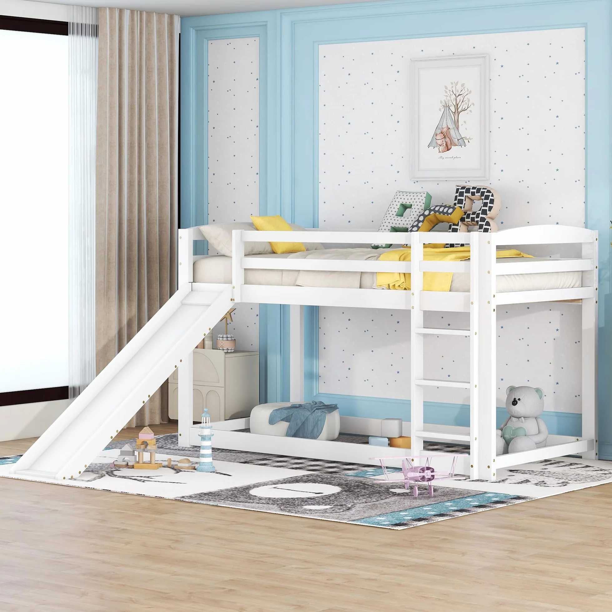 Azkoeesy Litera Infantil de 90 x 200 cm con tobogán y somier, con protección anticaída, Cama Individual, Cama para Adolescentes, Madera de Pino, Color Blanco.