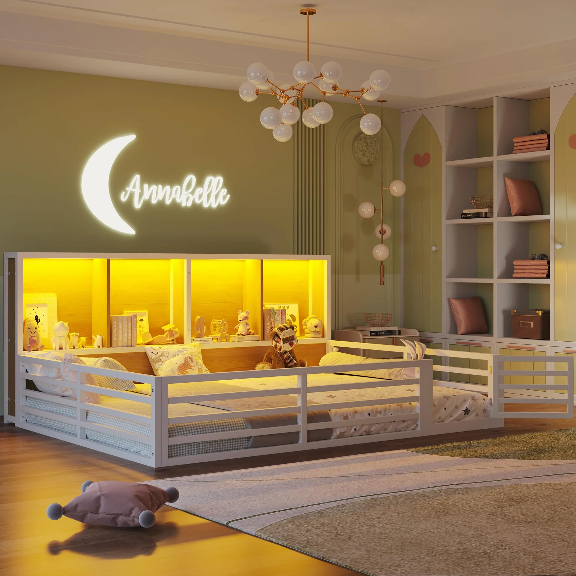 Montessori - Cama infantil (140 x 200 cm, con protección anticaída y somier, cama de casa con 4 compartimentos de almacenamiento, iluminación LED y puerta), color blanco, 140 x 200 cm