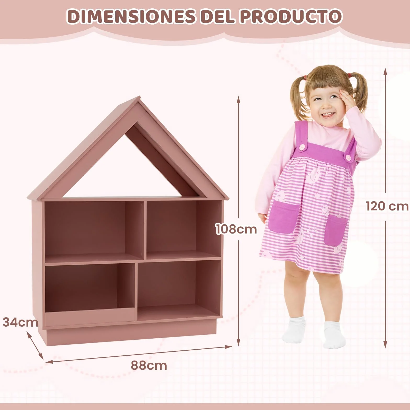 COSTWAY Estantería Infantil para Muñecas, Librería Infantil en Forma de Casa, Armario de Almacenaje de Juguetes de Madera con 5 Cubículos, Estante Abierto de 3 Niveles para Niños (Rosa)