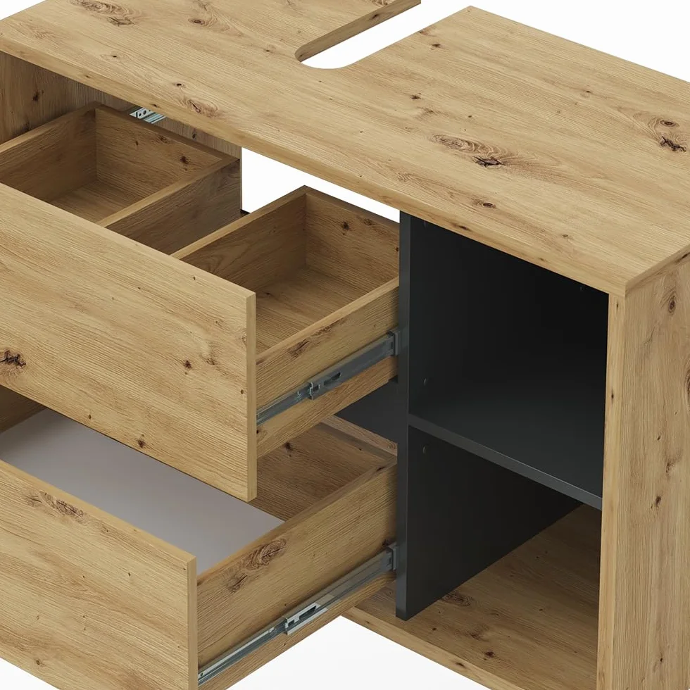 Vicco Mueble para Lavabo Viola, Roble Artesanal, 100 x 60 cm, con Recorte para sifón y estantes Abiertos para Montaje en Pared