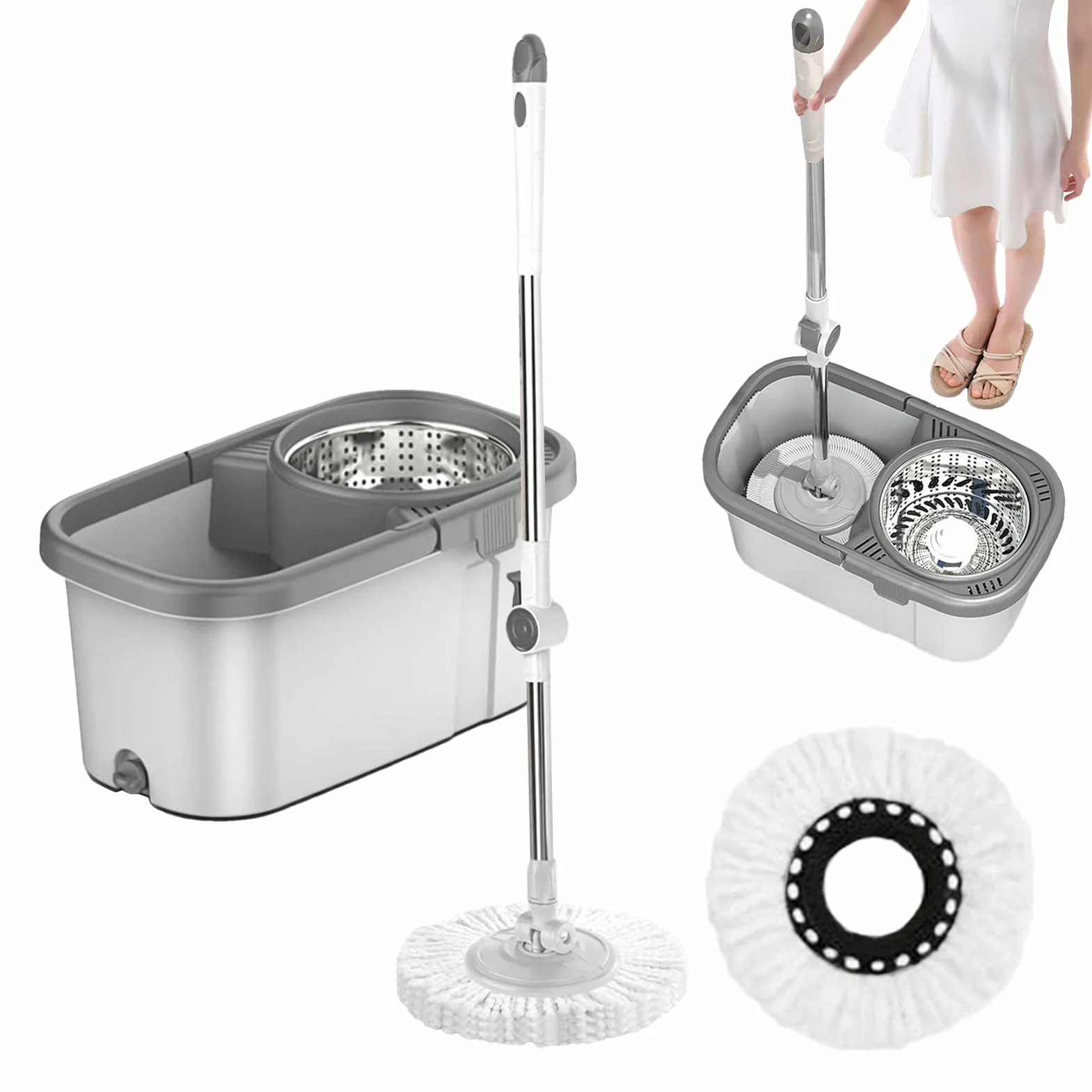 Set de Limpieza con Mopa y Cubo Suministros Limpieza Para Suelos Hogar | Kit De Fregona Giratoria Con Cubo Y Escurridor Para En Suelos, Madera, Baldosas, Cocina, Baño, Salón