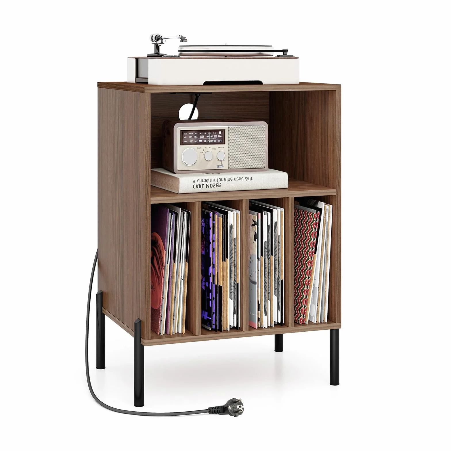 KOMFOTTEU Soporte para Tocadiscos con Estación de Carga, Estantería para Discos de Vinilo con 5 Compartimentos Abiertos, Mesa Auxiliar para hasta 150 Álbumes, Mesa de Impresión para Oficina (Nogal)