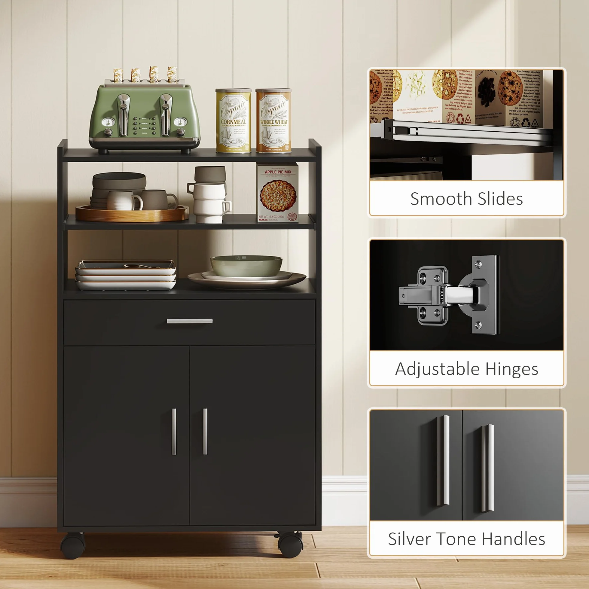 HOMCOM Armario Microondas con Ruedas, Aparador de Cocina con Cajón, Encimera para Electrodomésticos, Armario con 2 Puertas, Estante Extraíble y Abierto, Carro de Cocina para Salón, 59x40x92cm, Negro