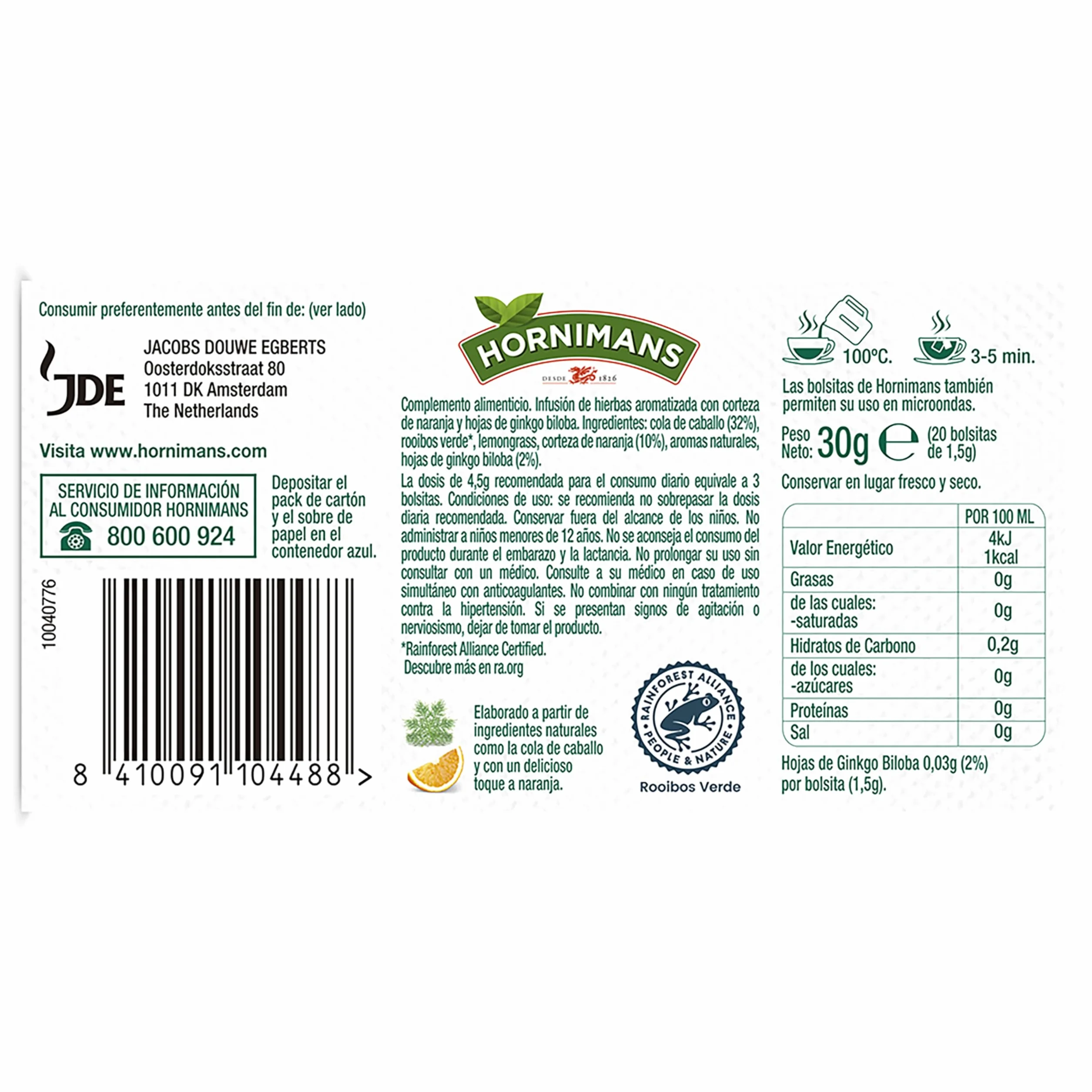 Hornimans Infu Dren Ginkgo Biloba Cola de Caballo 100% Natural 20 bolsitas Sin Teína