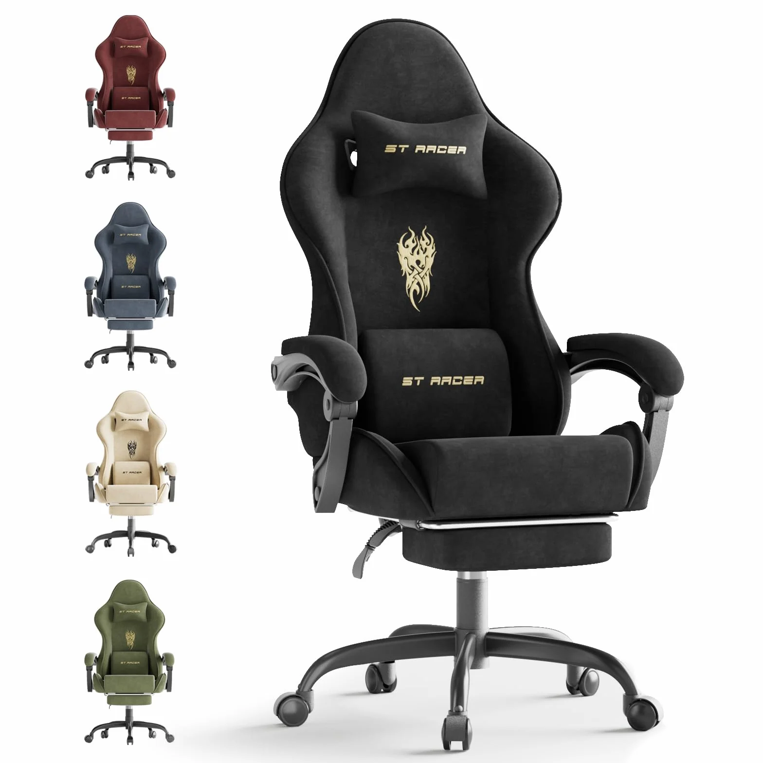 Ferghana Silla Gaming Ergonómica con Masajeador,Silla Gamer de Terciopelo con Soporte Lumbar de Masaje,Reposacabezas,Reposapiés,Silla de Oficina,Silla Ergonómica de PC,Rotación de 360°,Negro