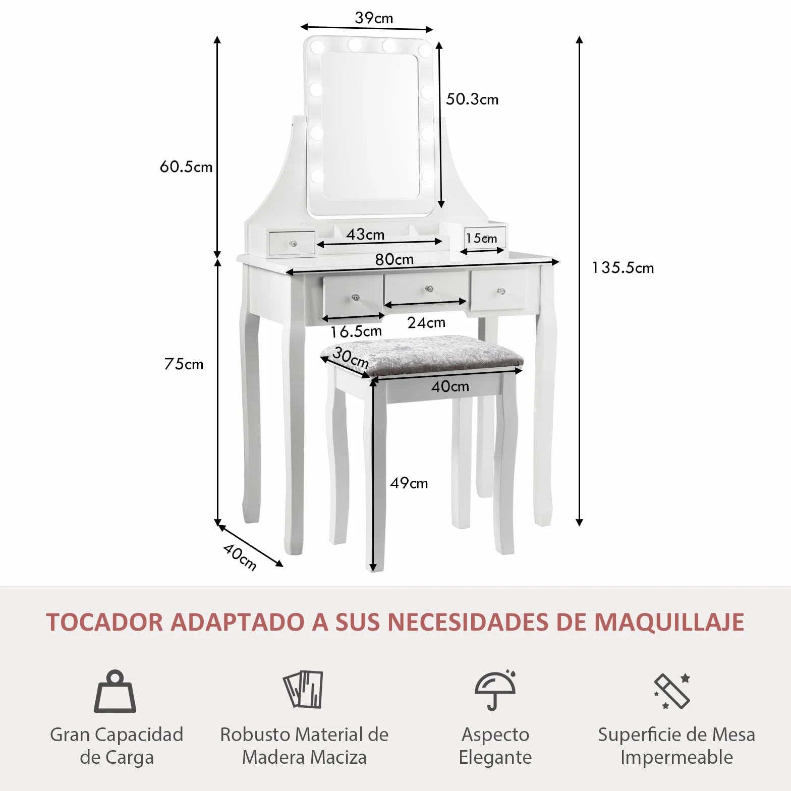RELAX4LIFE Tocador de Maquillaje con Espejo Extraíble y Giratorio 360° y 10 Luces LED Regulables, Tocador Maquillaje con Taburete Acolchado, 5 Cajones, 3 Compartimentos y 2 Estantes (Blanco)