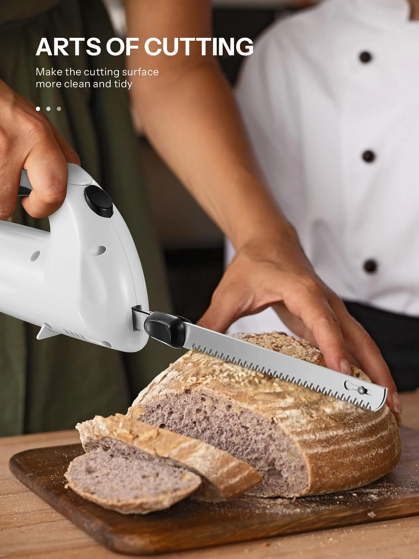 Reemix Cuchillo Eléctrico, hoja de acero inoxidable, Pan, Afilado Ondulado y Más, 2 Cuchillas para Carnes y Pan, Tenedor Incluido (blanco)