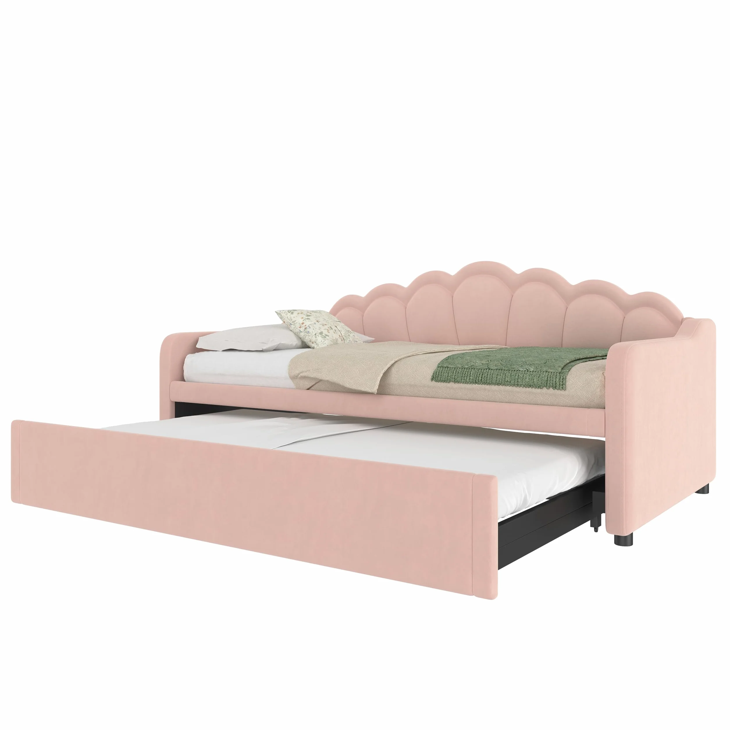 Lexiou Cama de día con cama nido, sofá cama, cama individual (sin colchón), cama doble, terciopelo, tira LED que cambia de color, 90 x 200 cm (180 x 200 cm) (rosa)