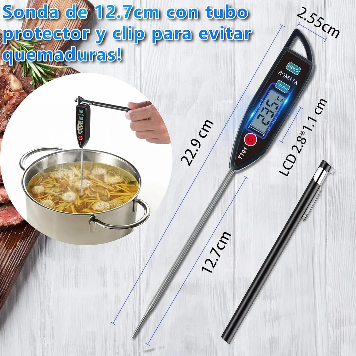 BOMATA Termómetro impermeable IPX7, agua, líquidos, velas y cocina. Termómetro de lectura instantánea para alimentos, con sonda larga, para cocinar, carnes y barbacoas.T101 Negro