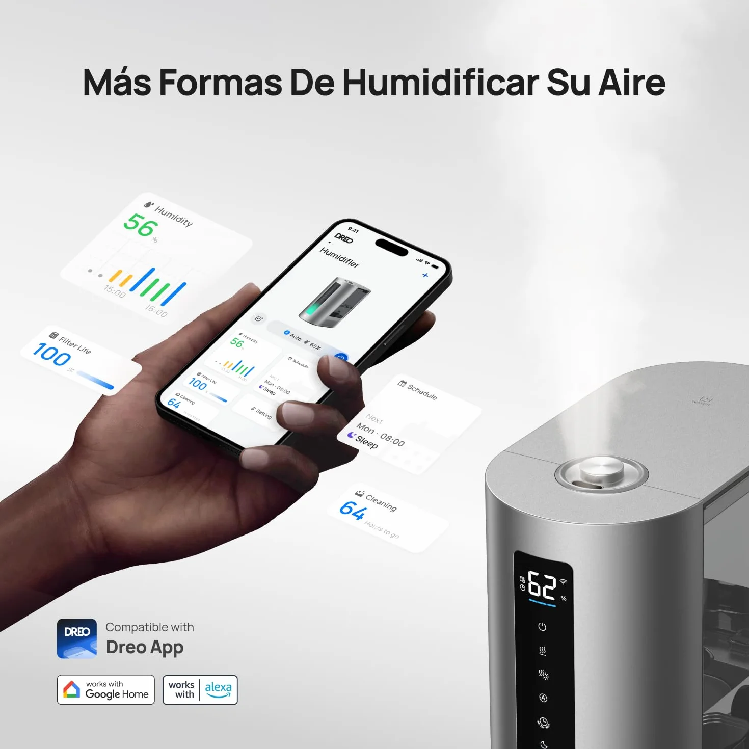 Dreo Humidificador 6L Inteligente Vapor Frío Caliente Silencioso 60 Horas Google Alexa HM713S
