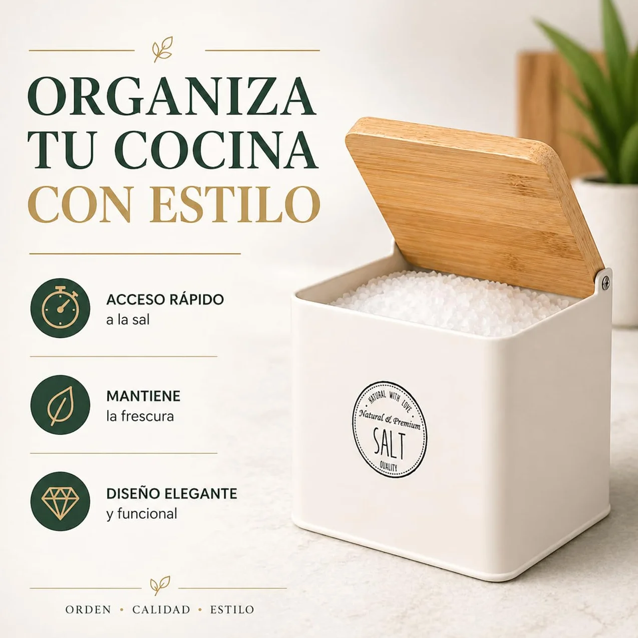 TIENDA EURASIA – Salero de Cocina con Tapa de Bambú | Recipiente para Sal | Diseño Moderno | 11x14x11 cm | Estructura Metálica | Tapa Abatible | Ideal para Cocina y Mesa (Crema)