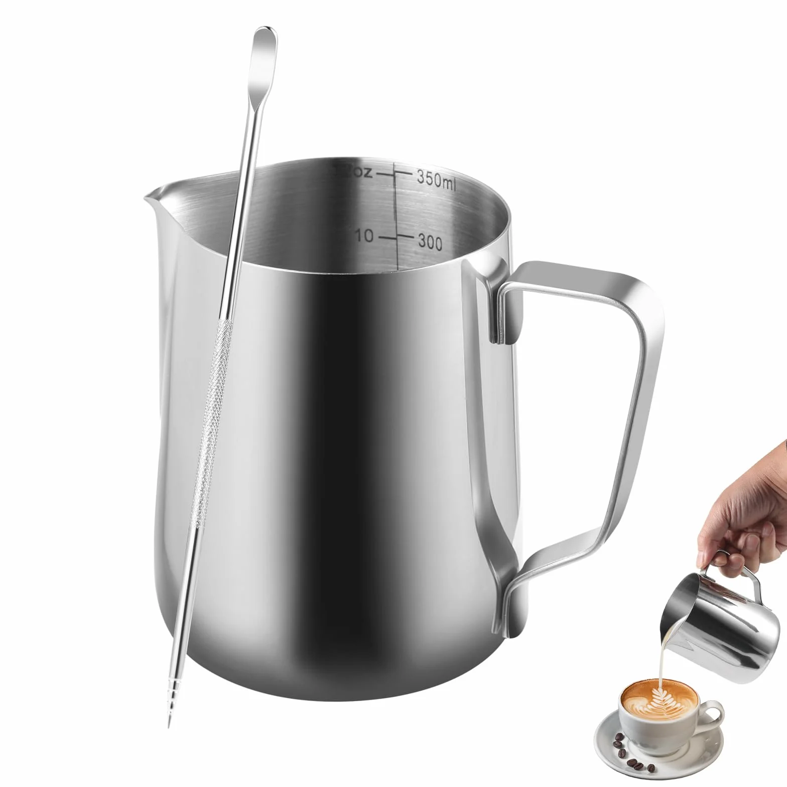 Jarra Leche Barista 350ml con Bolígrafo de Arte Latte - Lechera de Acero Inoxidable para Arte de Café, Capuchino y Espresso, Jarra Cafe