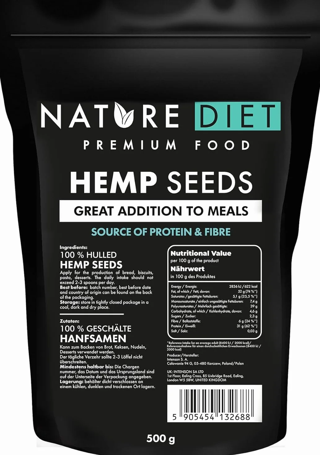 Nature Diet Semillas de Cáñamo Peladas 500 g Ricas en Proteínas Fibra Vegano Sin Gluten Sin Lactosa