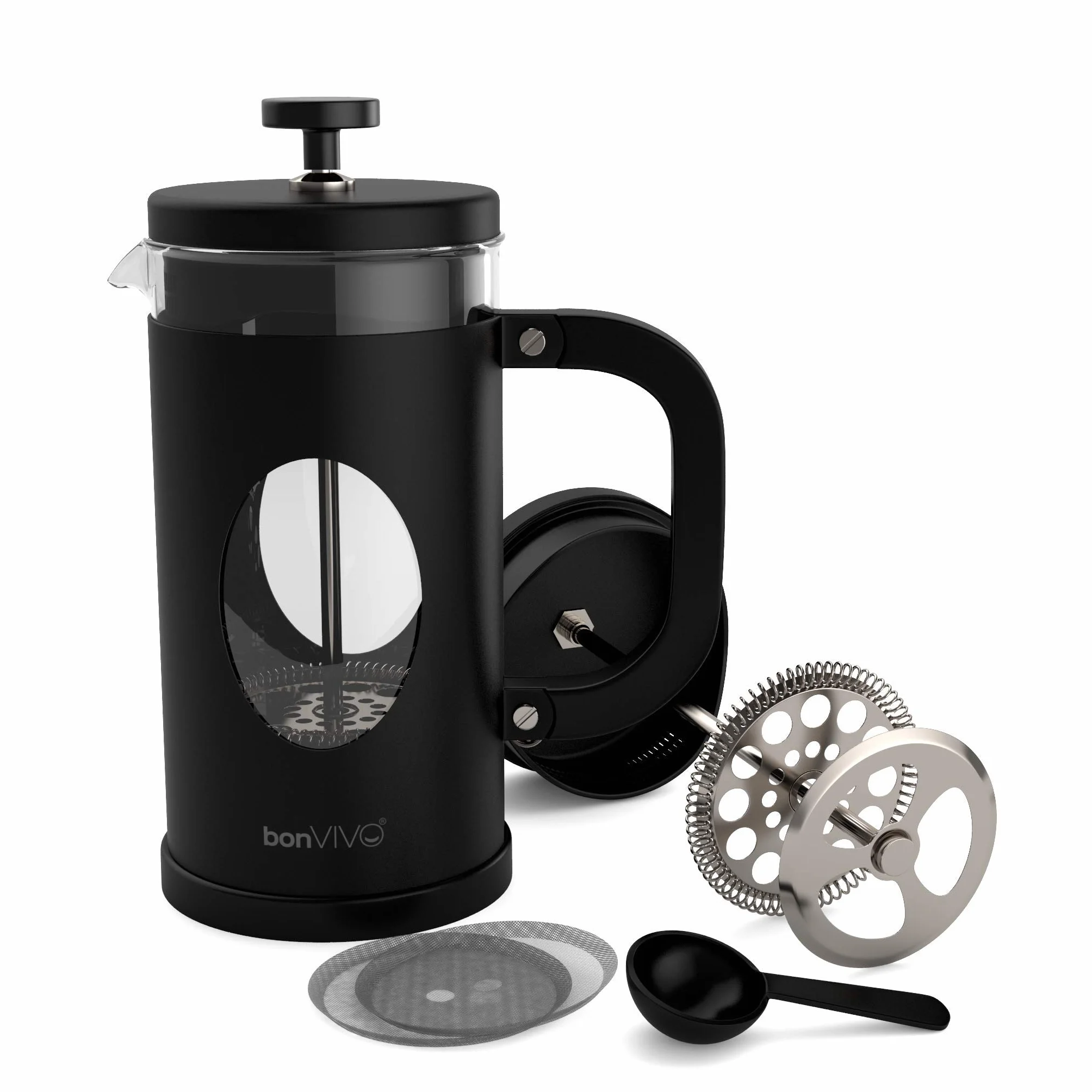 bonVIVO Cafetera Francesa 1 Litro (8 Tazas) – Prensa Francesa de Cristal Borosilicato con Filtro de Acero Inoxidable – French Press para Café, Té y Cold Brew – Negro