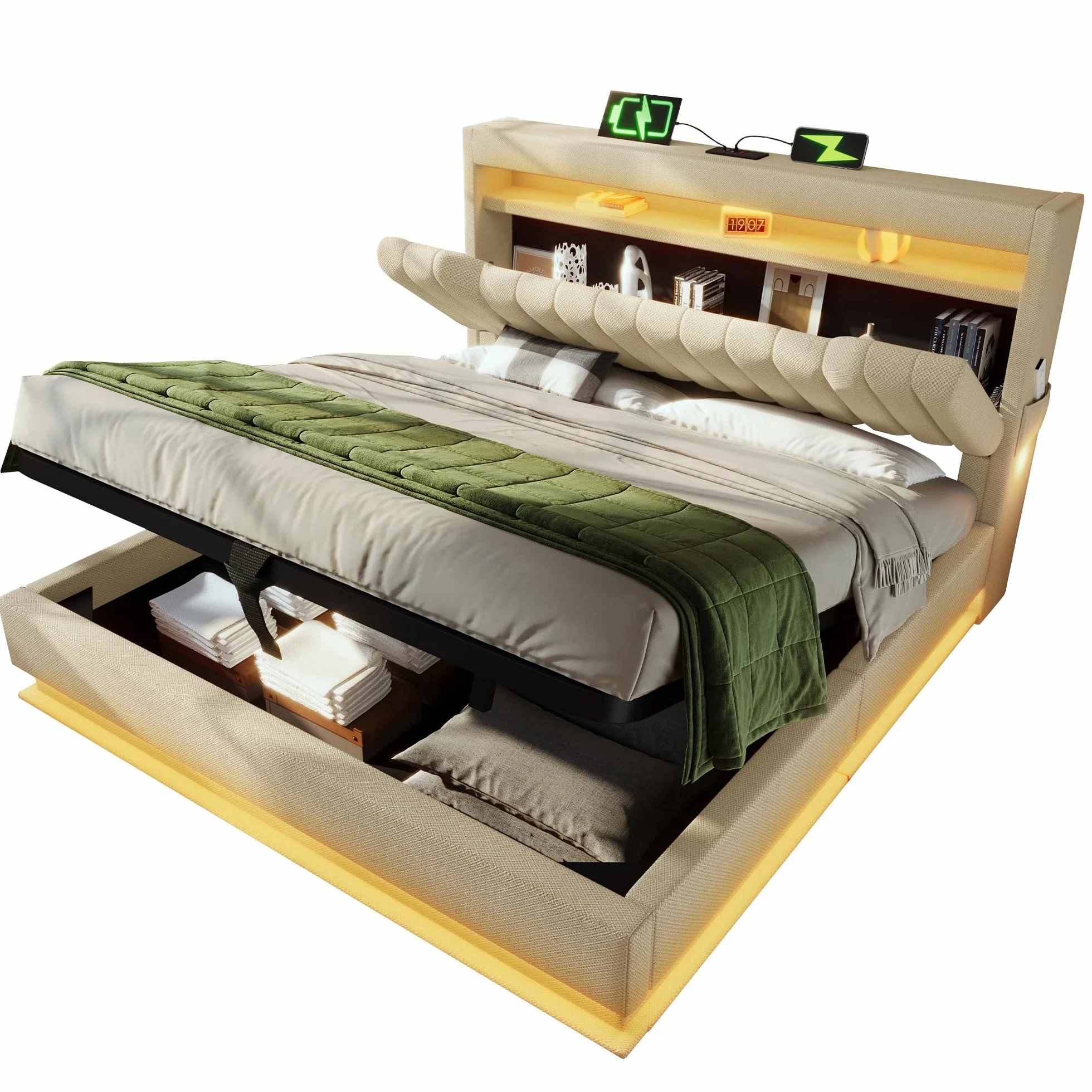 Cama tapizada de 180 x 200 cm, cama doble, cabecero de almacenamiento con conexiones USB y tipo C, iluminación LED en la cabecera y los pies de la cama, con espacio de almacenamiento hidráulico, lino