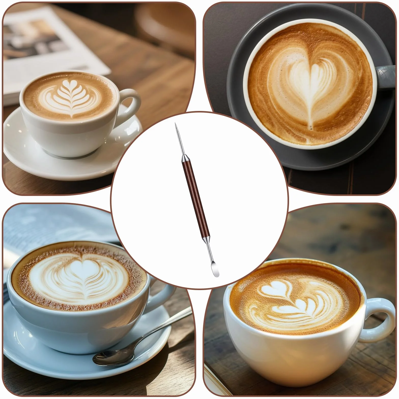 16 cm doble cara café arte bolígrafo, 3 unidades de acero inoxidable Latte Art Pen con mango de madera Barista Latte Art Pen Espresso Decorar accesorios de café para capuchino Latt Dekorier