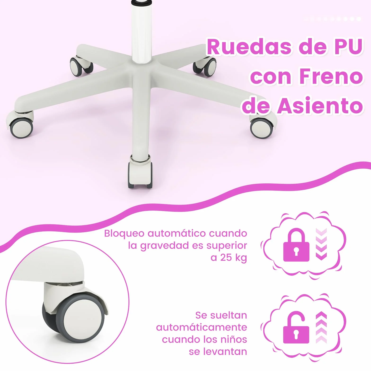 COSTWAY Silla de Escritorio para Niños, Silla Infantil Giratoria para Computadora con Altura Ajustable, Ruedas con Freno, Reposabrazos Lisos, Silla Ergonómica de Estudio para Niño (Morado)