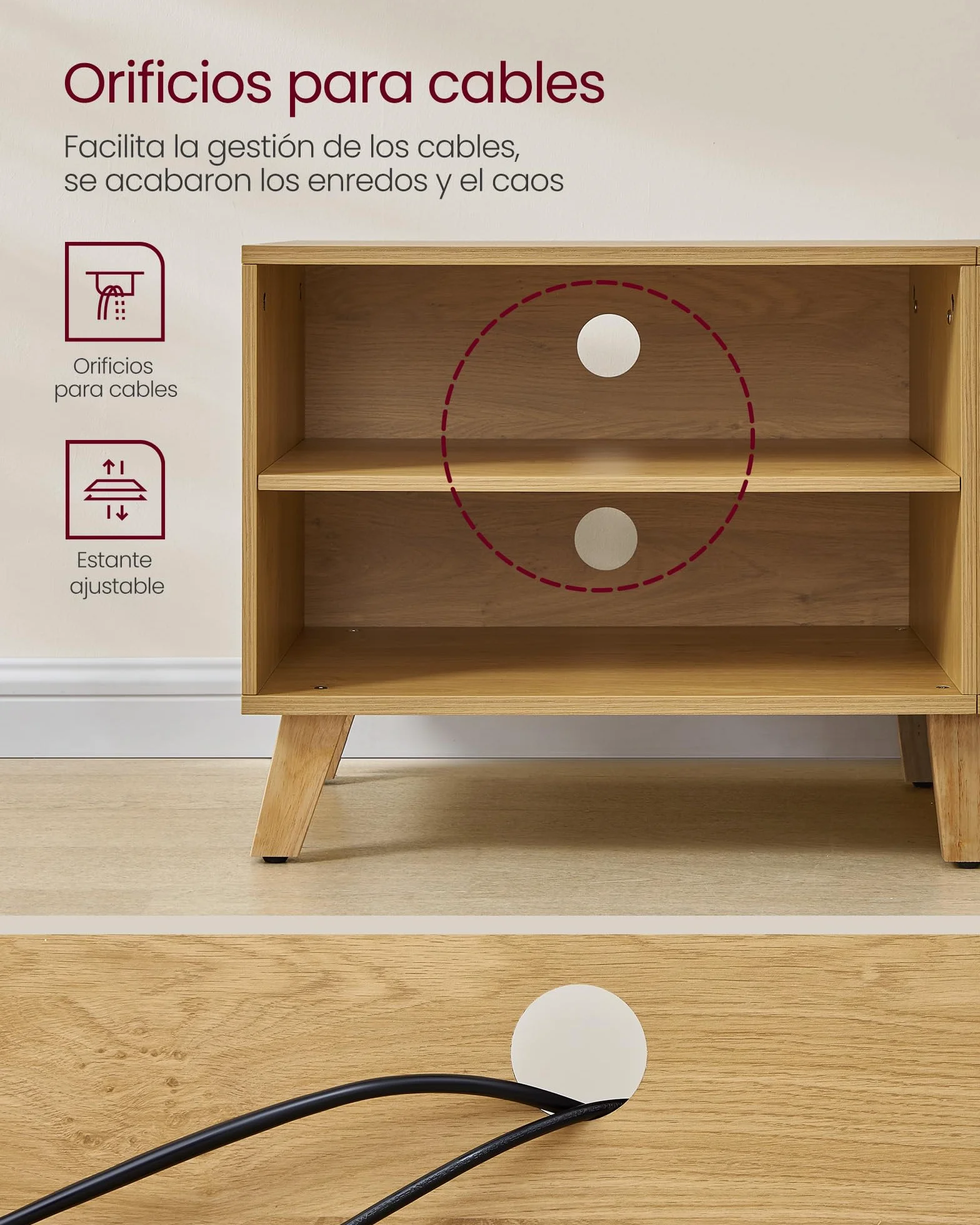 VASAGLE Mueble de TV de 2 Puertas, Soporte con Estantes Ajustables, 140 cm, para TV de 60 Pulgadas, Roble Natural y Blanco Crema LTV027N01