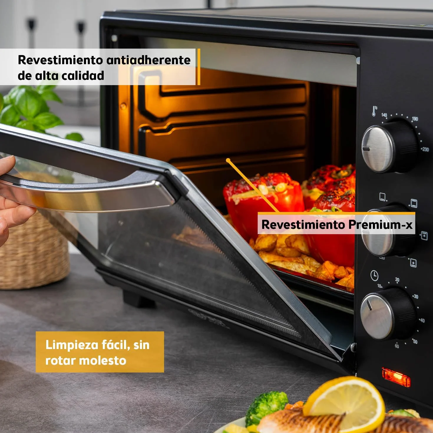 TZS First Austria - Mini Horno 35L 1600W - Minihorno pizza con regulación de temperatura 230°C y revestimiento antiadherente - Con temporizador de 60 min, 3 alturas de inserción, bandeja y parrilla