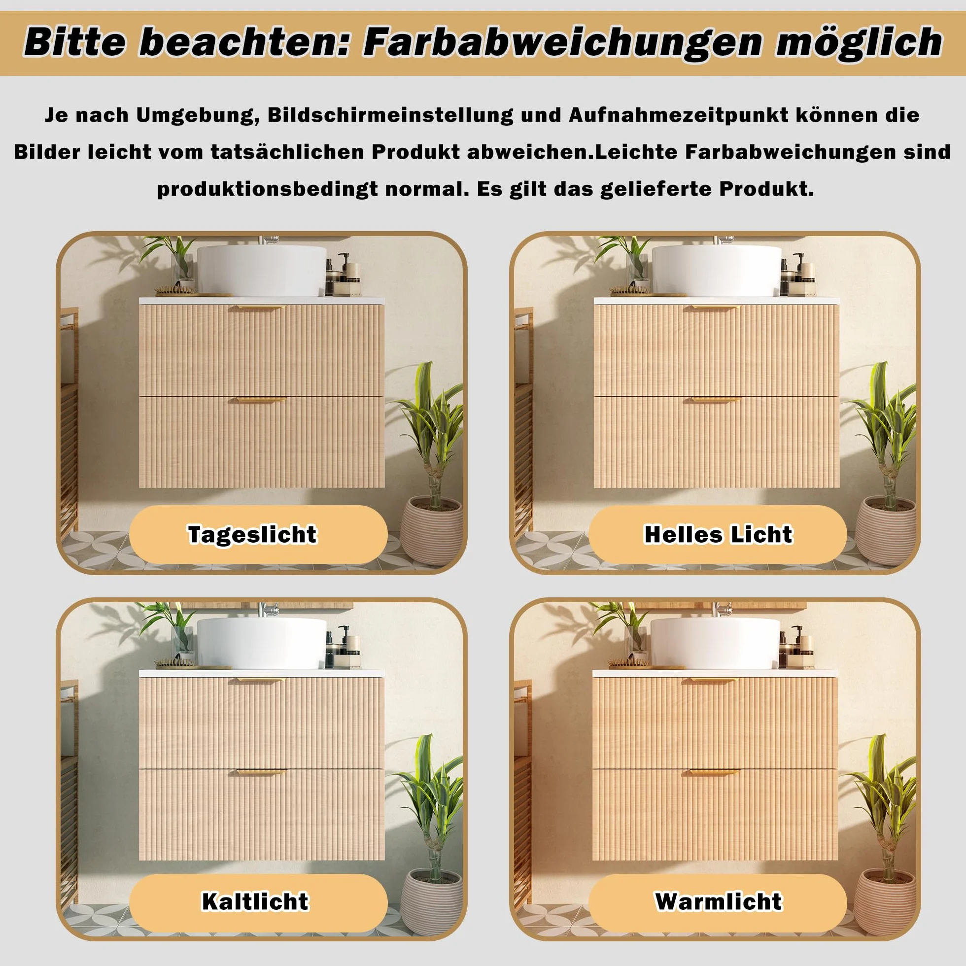 Armario de baño de 60 cm montado en la pared con lavabo de cerámica redondo, frentes de cajones con aspecto de madera con diseño de rayas simples, tablero MDF de alta calidad, gran capacidad de