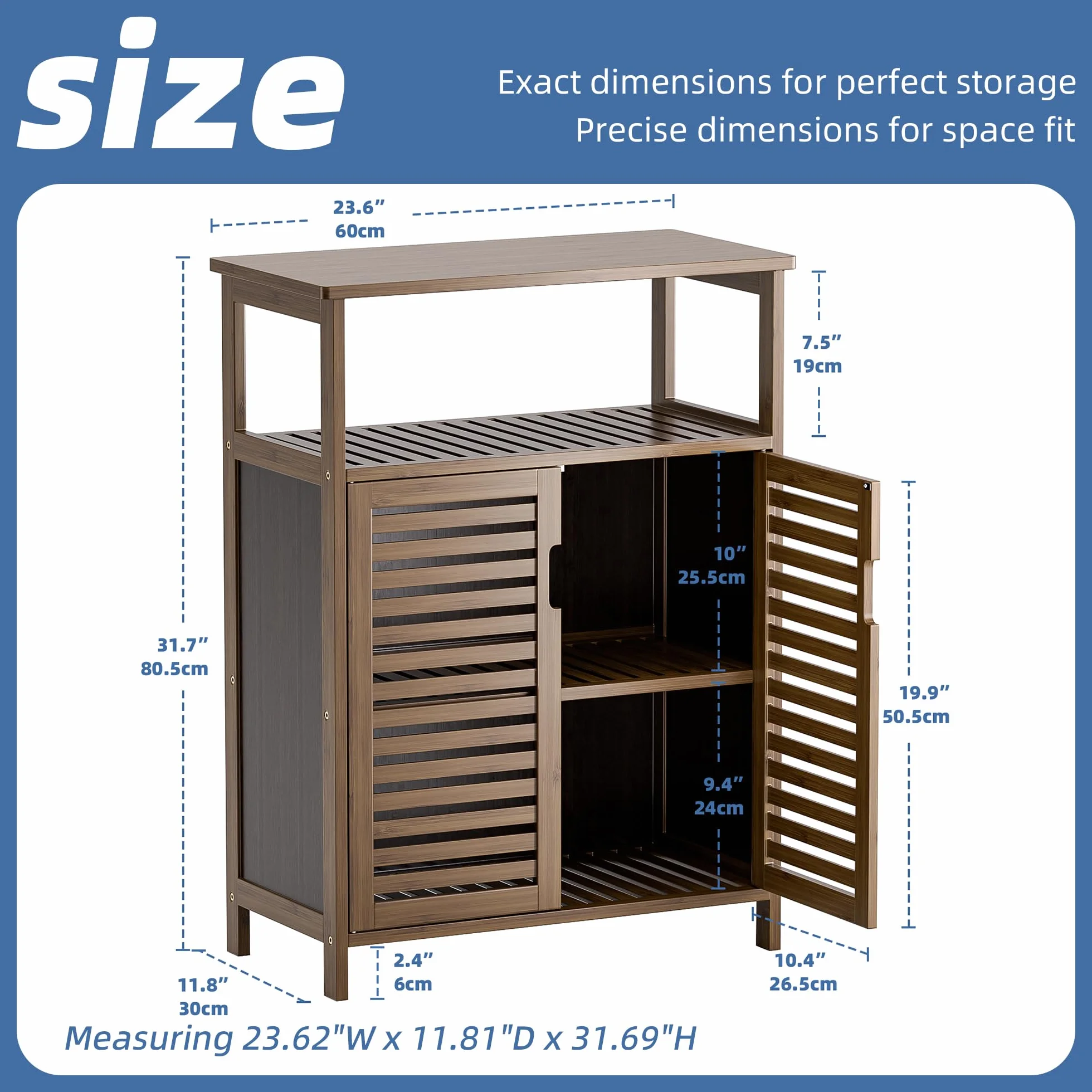 HITNET Mueble Baño Bambu, Armario Bajo Baño Auxiliar, Gabinete de Almacenamiento Independiente con Doble Puerta y Compartimentos Abiertos, para Sala de Estar, Cocina, Entrada, Nogal